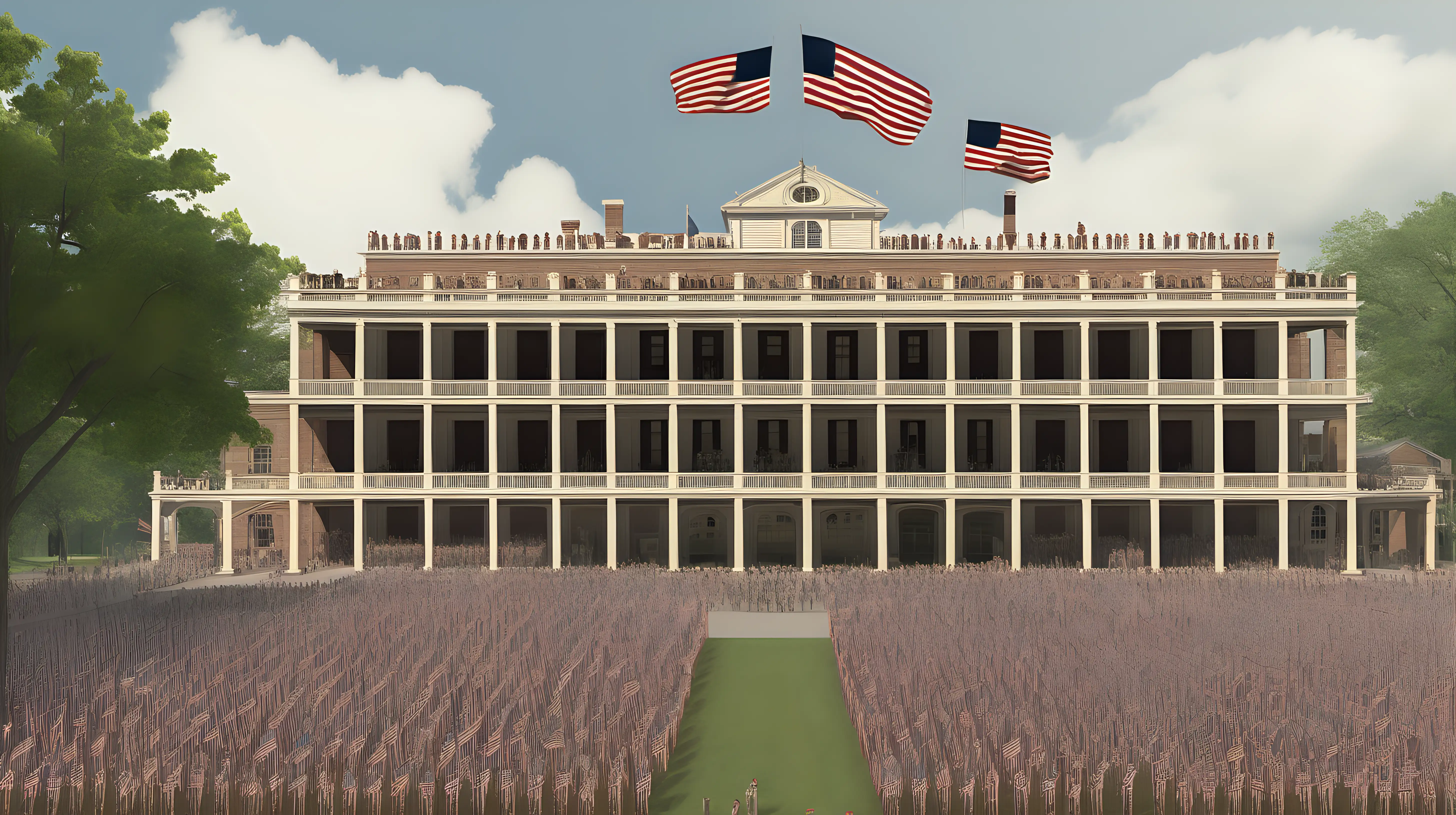 "Generate a visual representation of a historical site hosting a special reenactment or event to commemorate Independence Day."