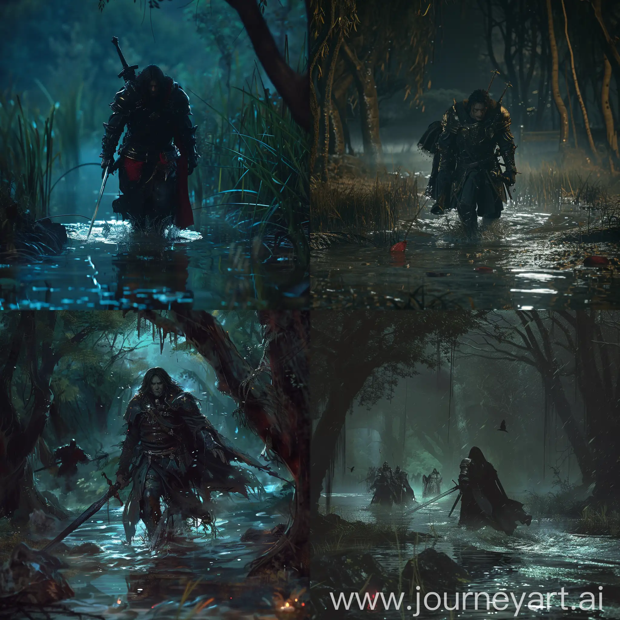 Legion from castlevania, emerging from a watery swamp. Night time. Dim light.