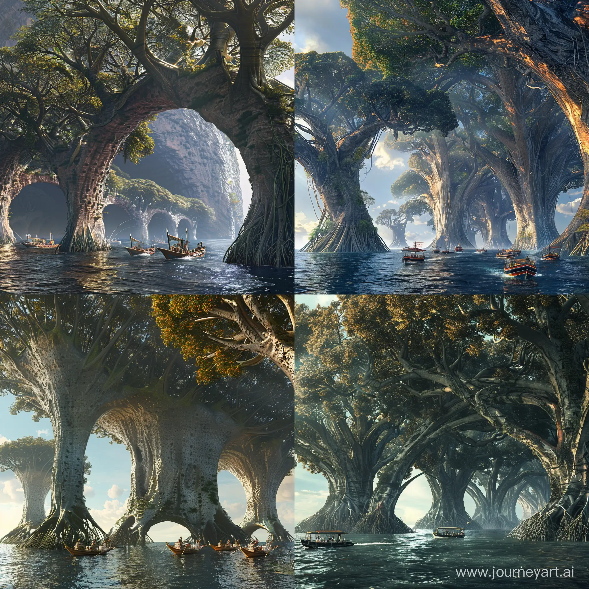Vista panorámica de un planeta alienígena, la base de la tierra es agua profunda y hay árboles de manglares gigantescos, tan grendez que hay barcos nativos pasando entre los grandes arcos de sus raíces
