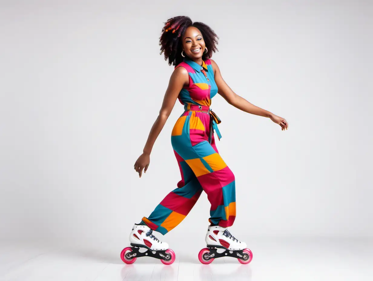 Joyful African Woman Roller Skating in Colorful Jumpsuit