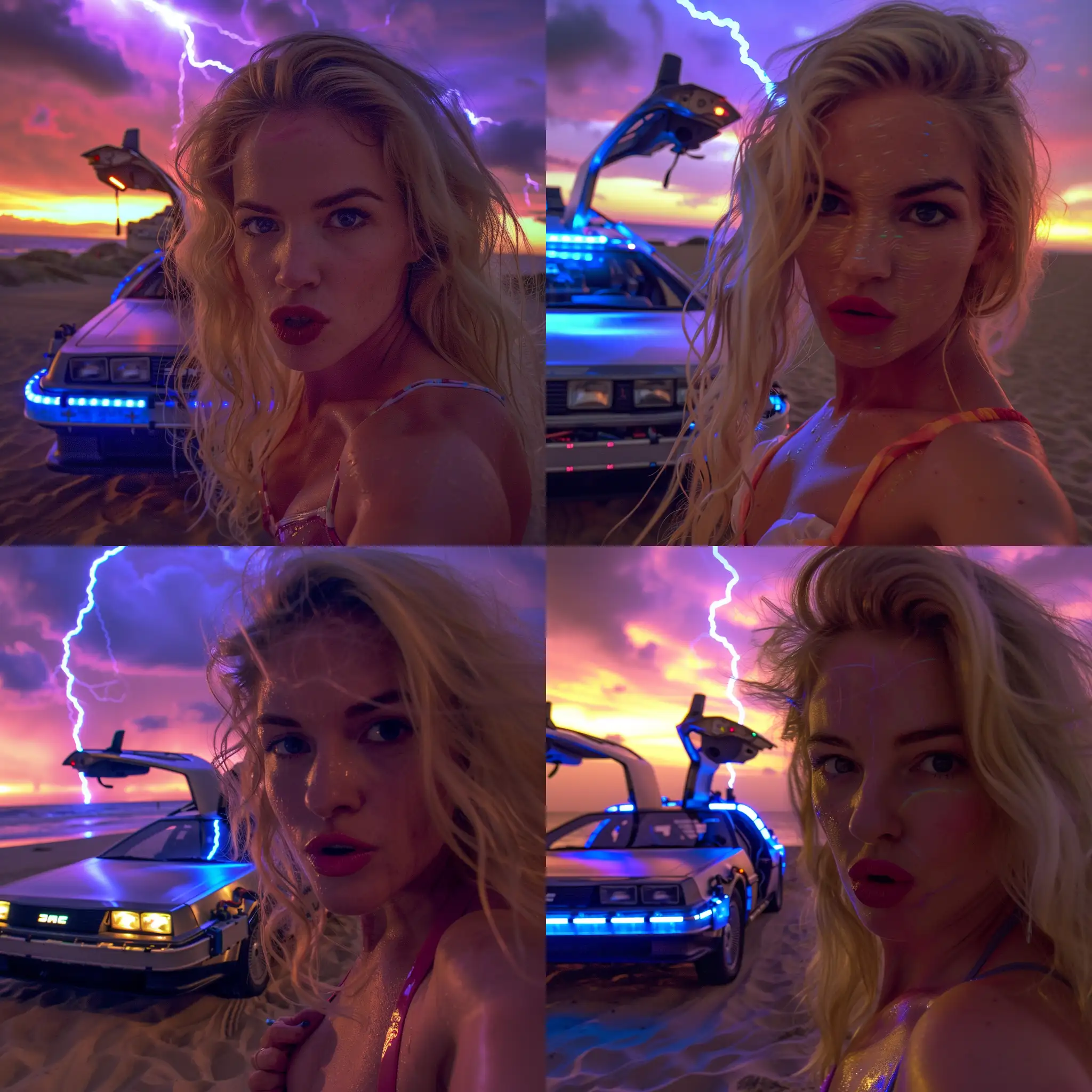 Blonde in swimduit in foreground close to camera, clear bright face, with Back to the future delorean in background on Beach at vibrant sunset. Lit up, scifi, futuristic, vivid blue lightning in sky, purple sky, smoky, firey, artistic, bright, masterpiece, stunning,