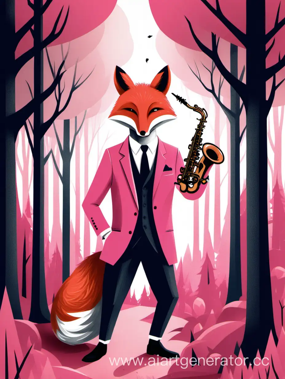 обложка для читательского журнала. в розовом цвете. с брутальным лисом в костюме который играет на саксофоне в лесу среди деревьев без текста

