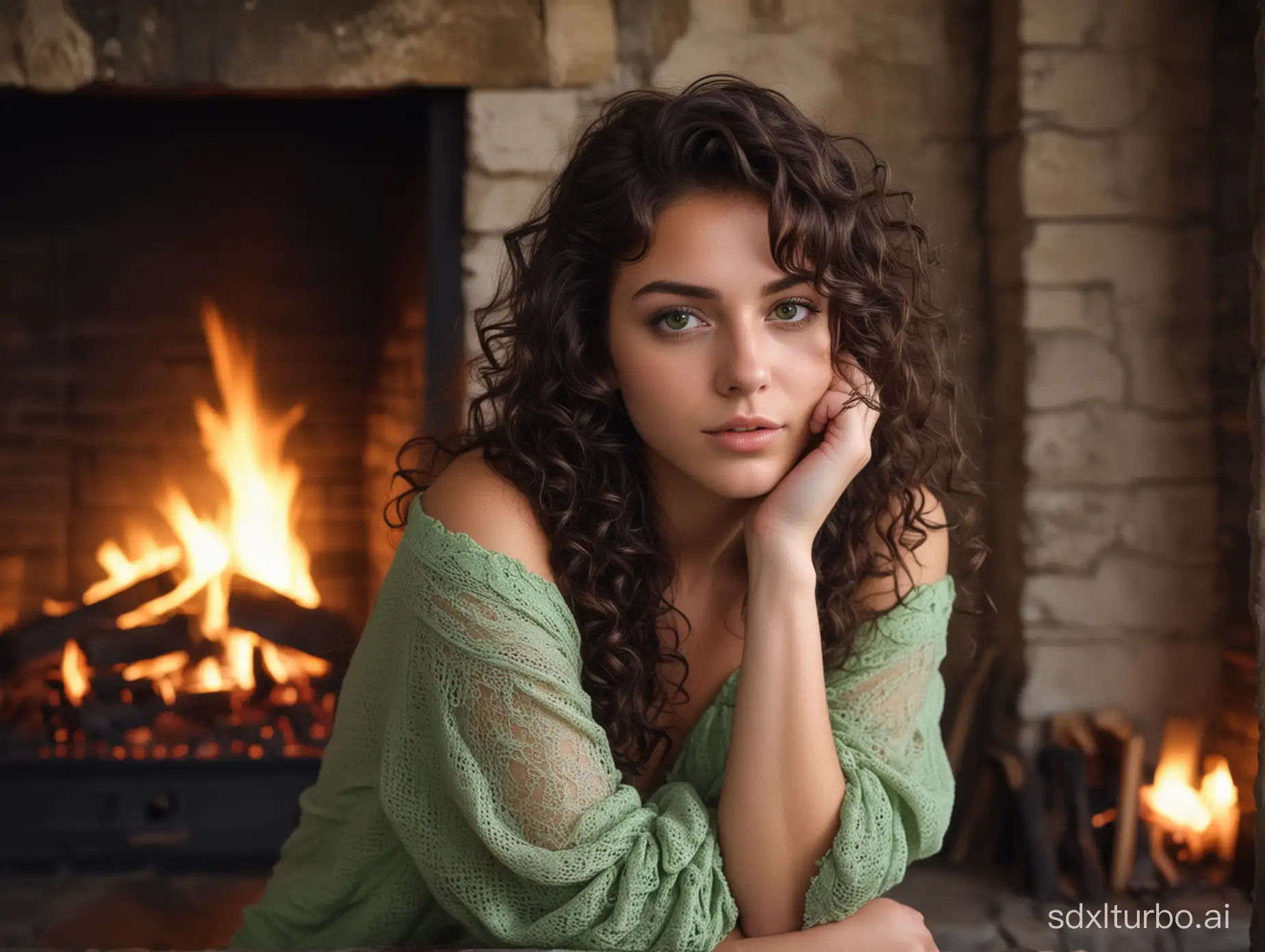 Beautiful girl 22 years old, green eyes sitting in front of a fire place at the old house black curly hairs body transparent clothes naked dreamy atmosphere,