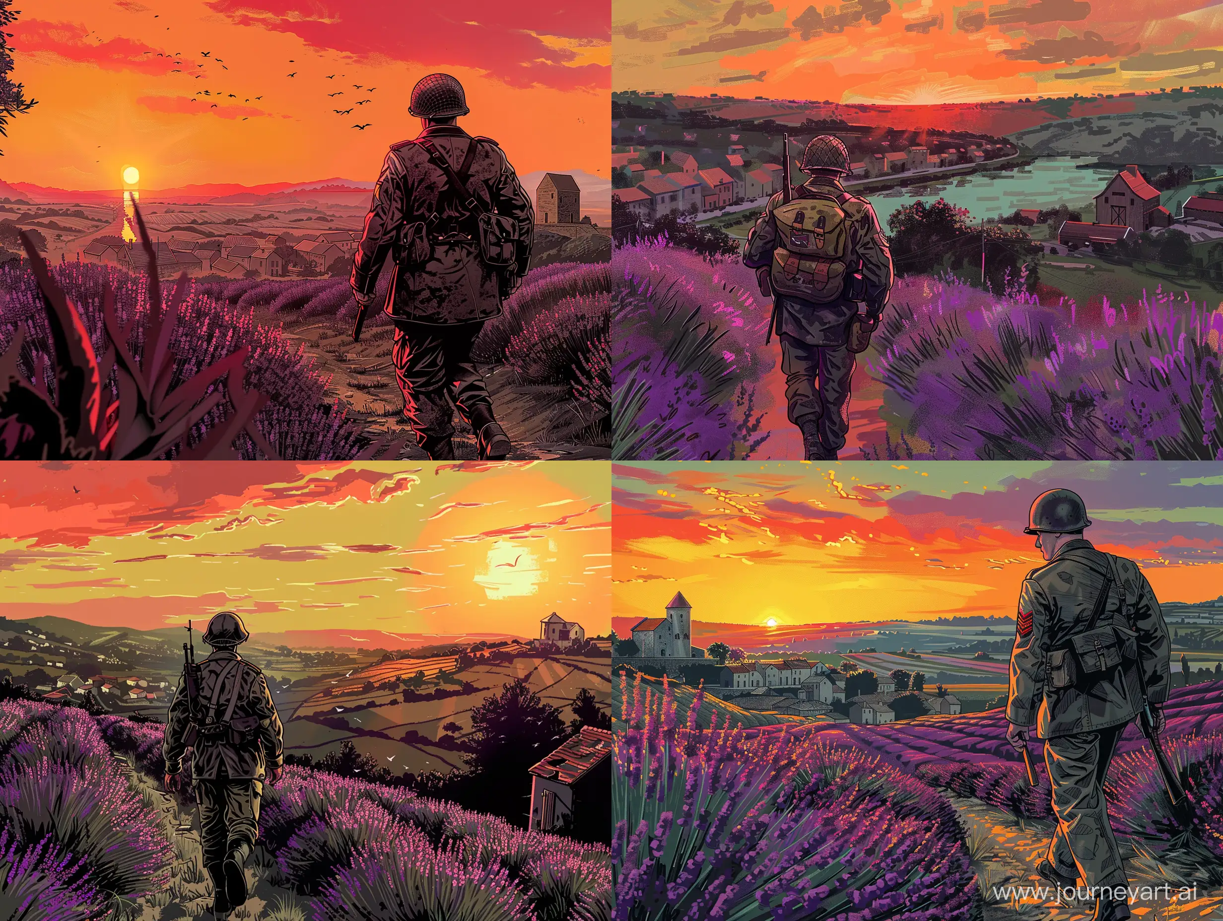 A soldier dressed in a uniform from the Second World War from the game Battlefield 5 is walking along a lavender field, and to his left is the old town of Provence, and to the right is a mill and barns far away, against the sunset in a digital doodle style drawn by human