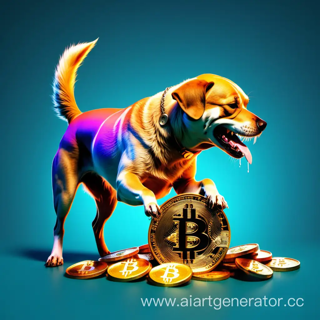 Playful-Dog-Bites-Vibrantly-Colored-Bitcoin-Coin