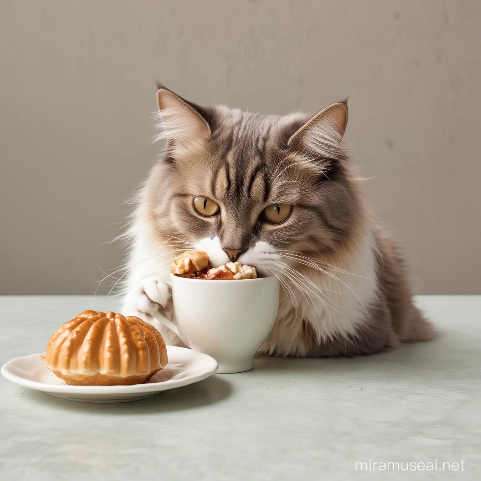 A cat eating a concha and holding a coffee cup