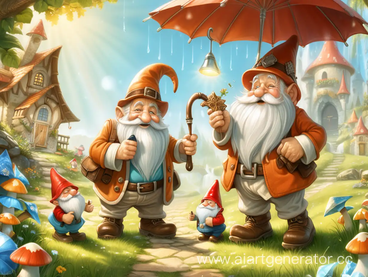 Old man with 2 gnomes and a lady under magic umbrella in sunny wonderland, all happy
