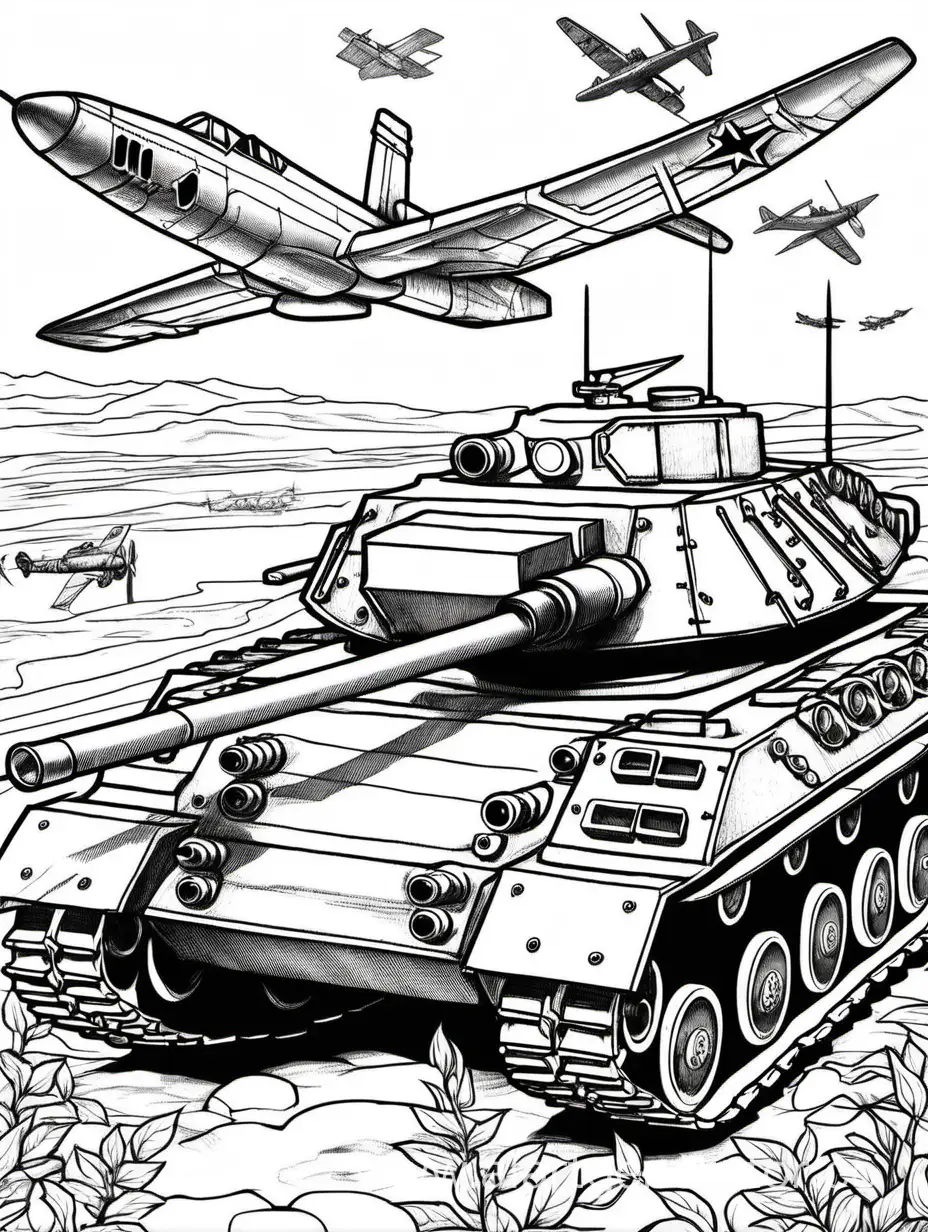 Раскраска на 23 февраля с танками и самолётами ВОВ