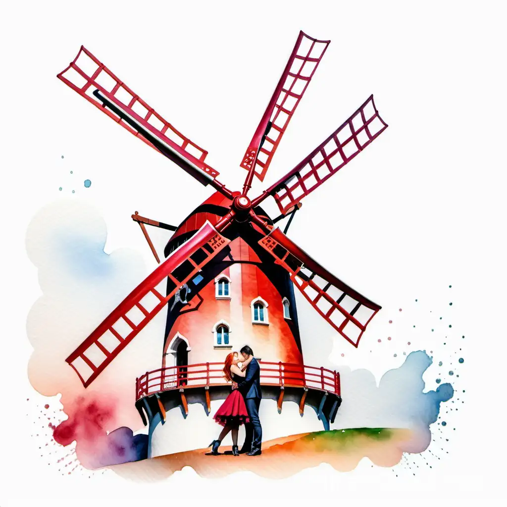 moulin rouge windmill, Satine and Christian kissing, white background,  Watercolor like effect,  dripping cutout