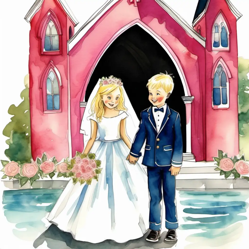 Children’s book, water color illustration blonde boy in marine outfit, girl in wedding dress get married outside pink church