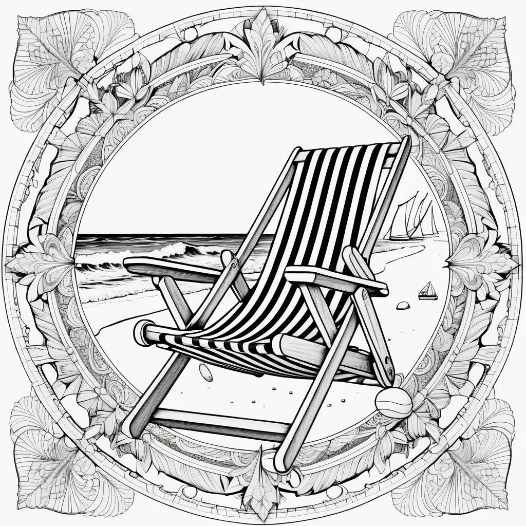 Coloring page with 1 deck chair on the beach in the center of a detailed and very defined 3d mandala on a white background, only black lines, no color