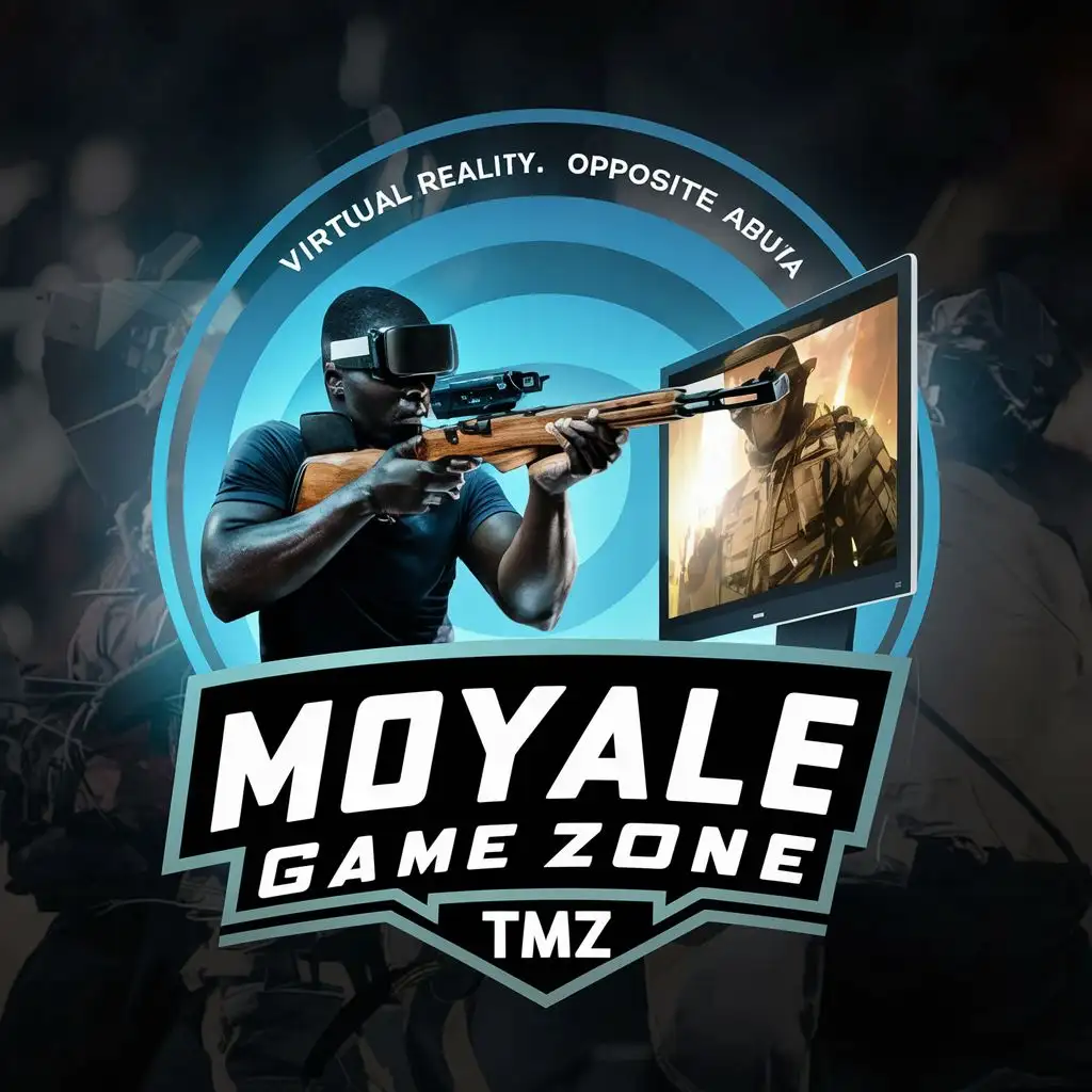 logo, African Soldier will rifle with Virtual reality headset fight a soldier emerging from the screen. "MOYALE VIRTUAL REALITY. OPPOSITE ABUYA " in the background, with the text "TIMELESS GAME ZONE,  acronymn TMZ", typography, be used in Sports Fitness industry