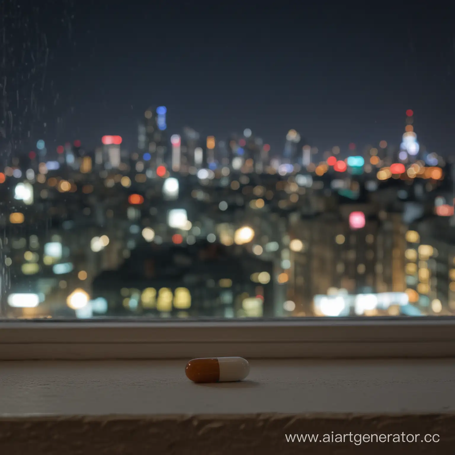 Solitary-Pill-on-Night-City-Windowsill