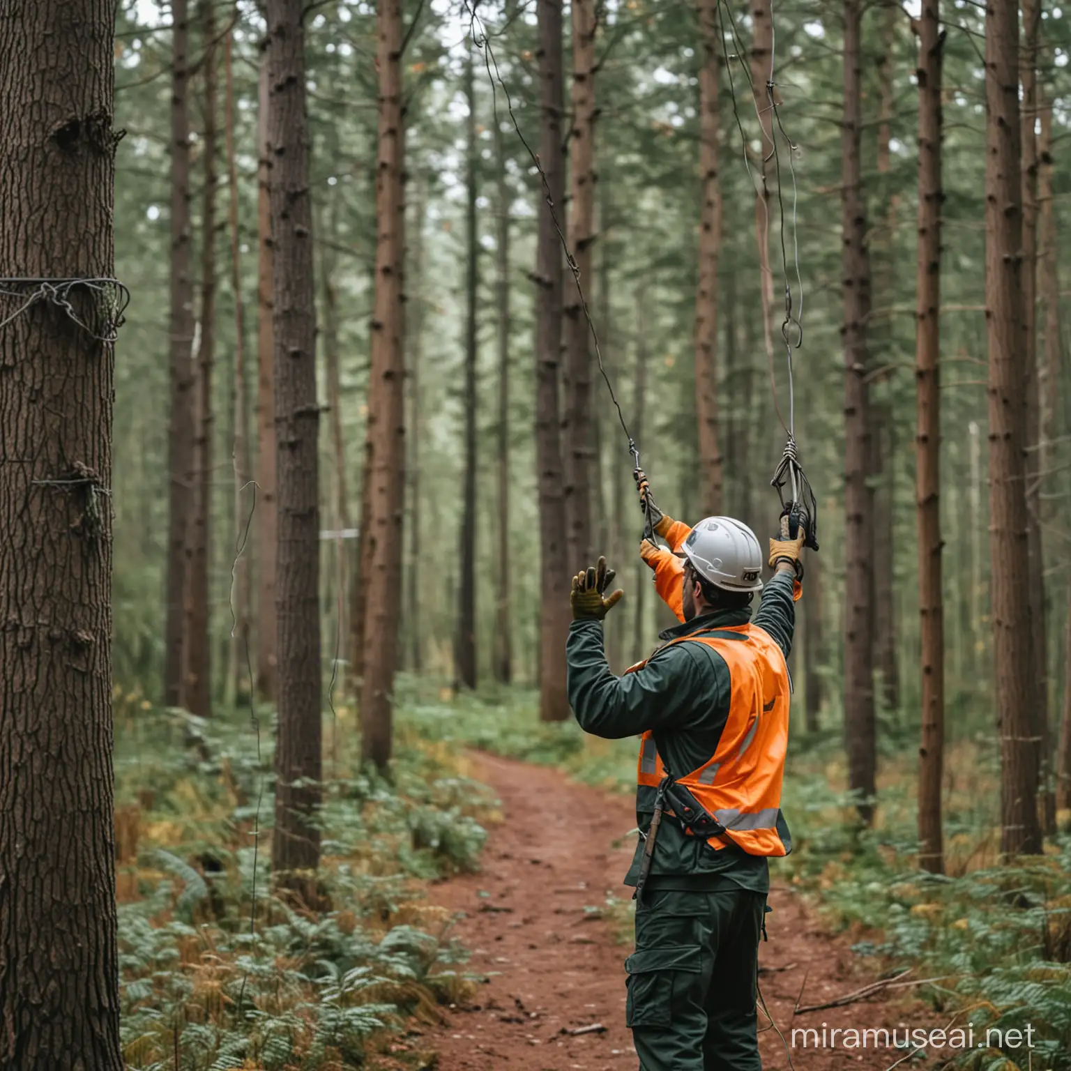 A forest worker walking, two hands raised in the air  and pulling a cable attached to a tree branch in the forest.
