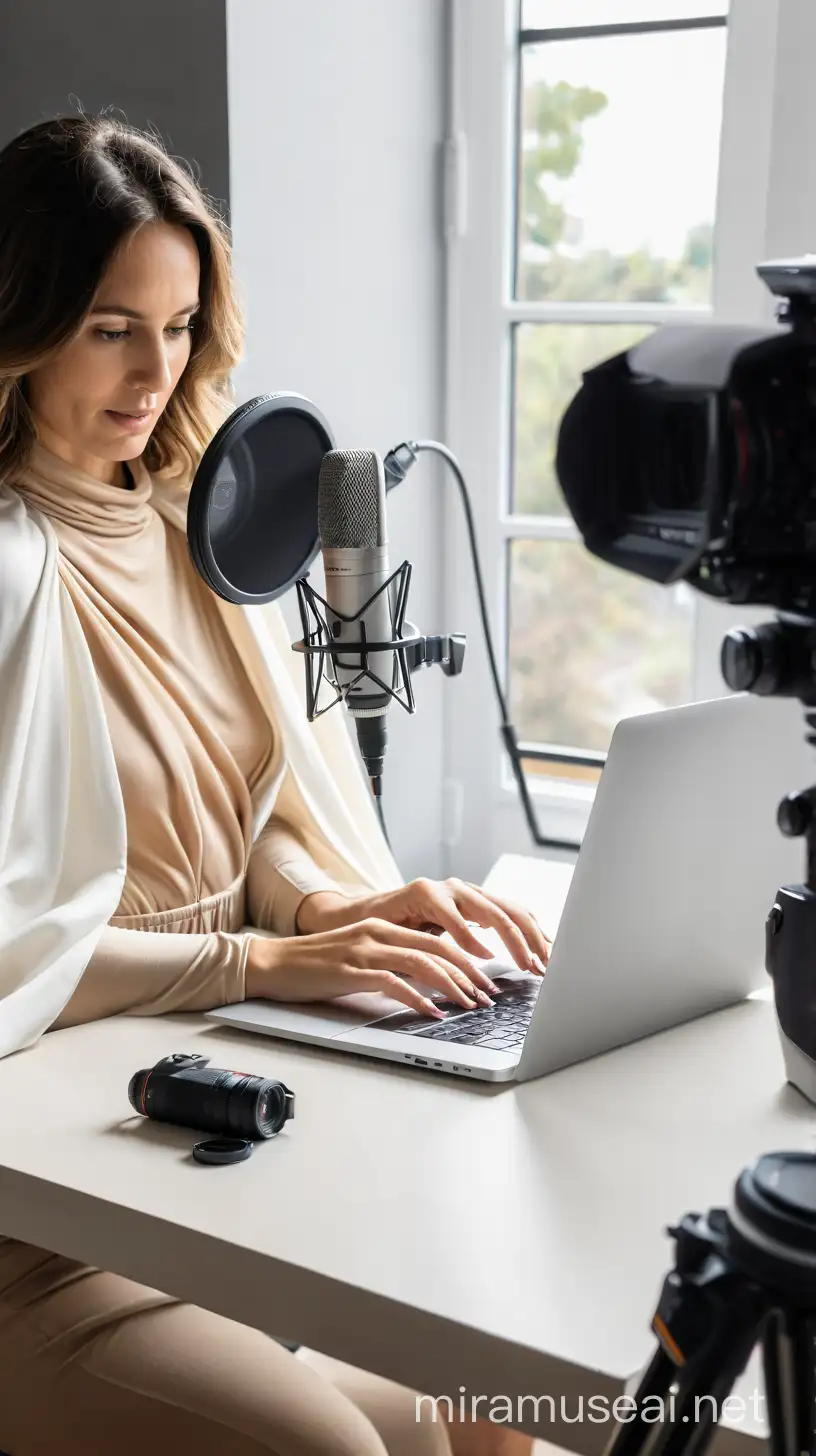 Caucasian Woman in White Cape Working with Laptop and Microphone by Window