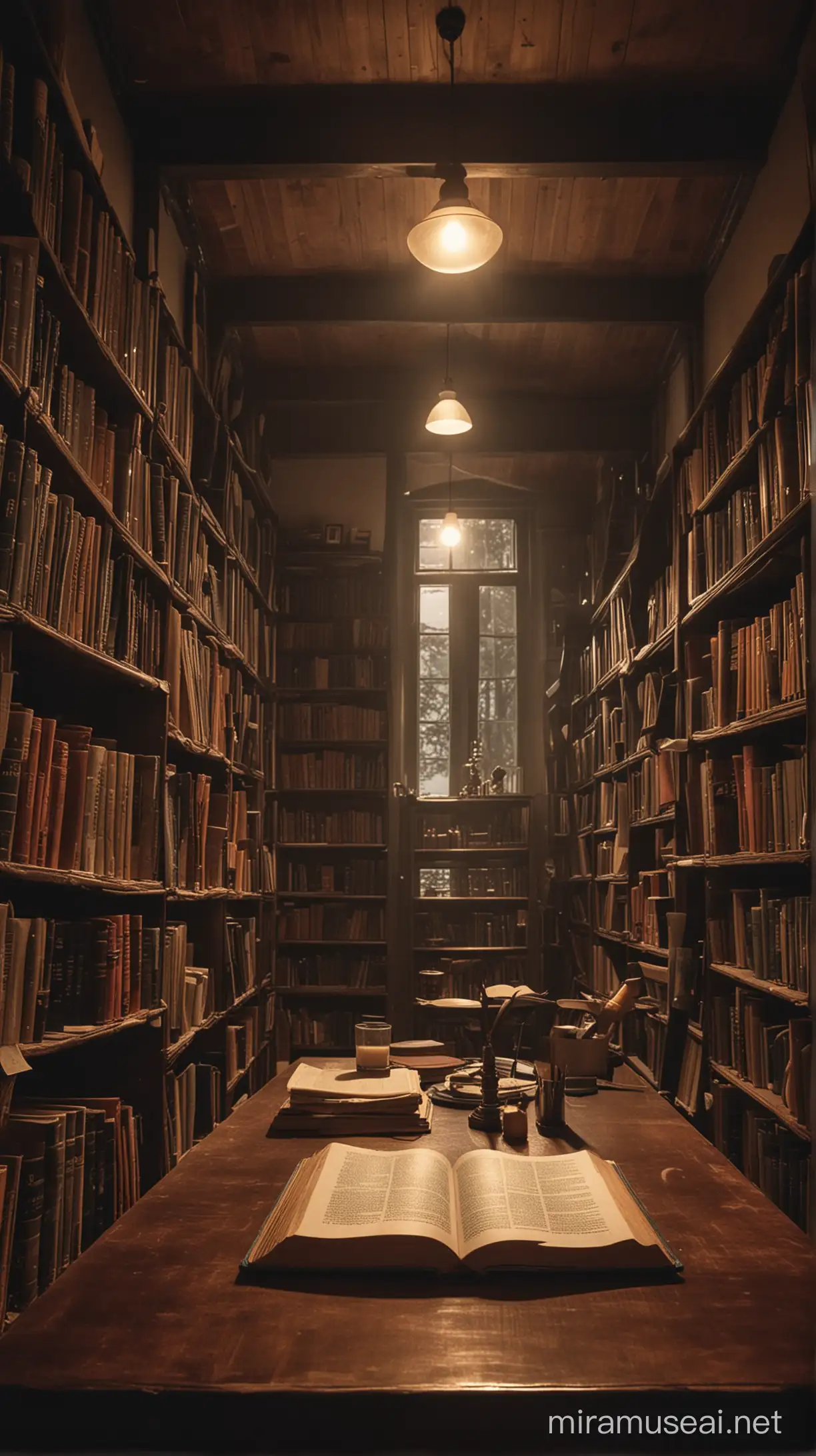 ein Buch schwebt in einer Bibliothek oberhalb eines Tisches, es herscht atmosphärische Stimmung, der Tisch ist voll mit klassischen Bibliotheksgegenständen