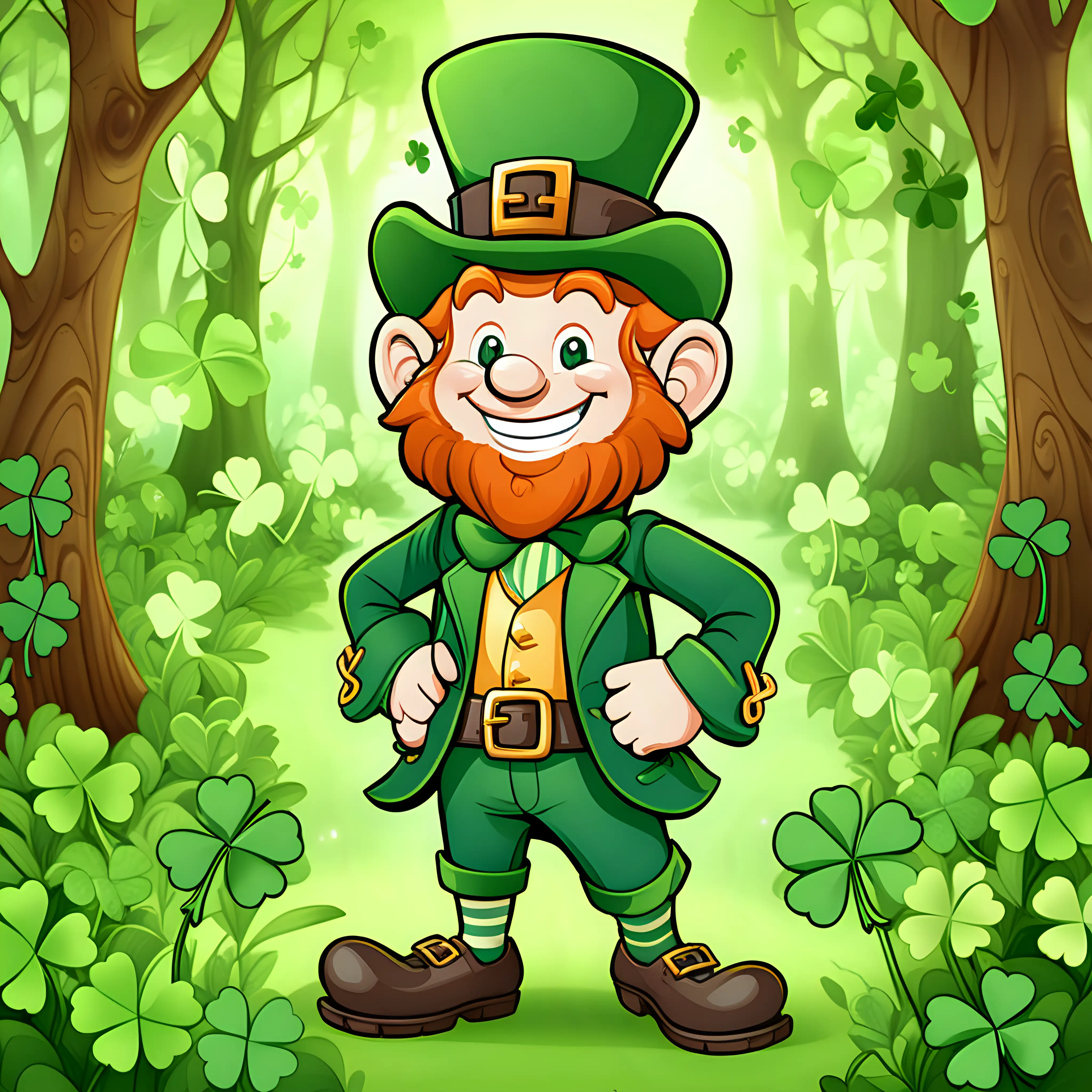 Happy, leprechaun, standing in lush, green forest with four leaf, clovers, cartoon style