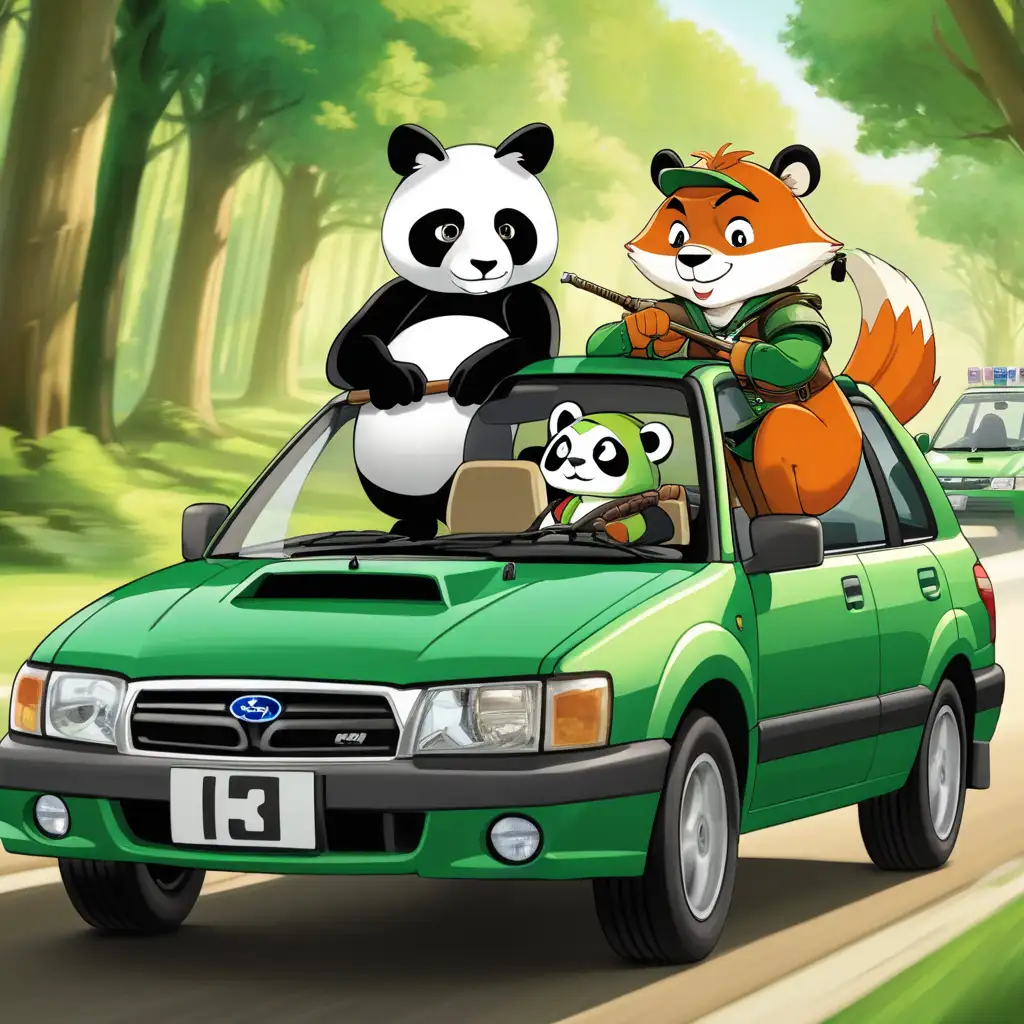 Fantasy Adventure Fox Robin Hood Driving a Subaru with Panda Passenger