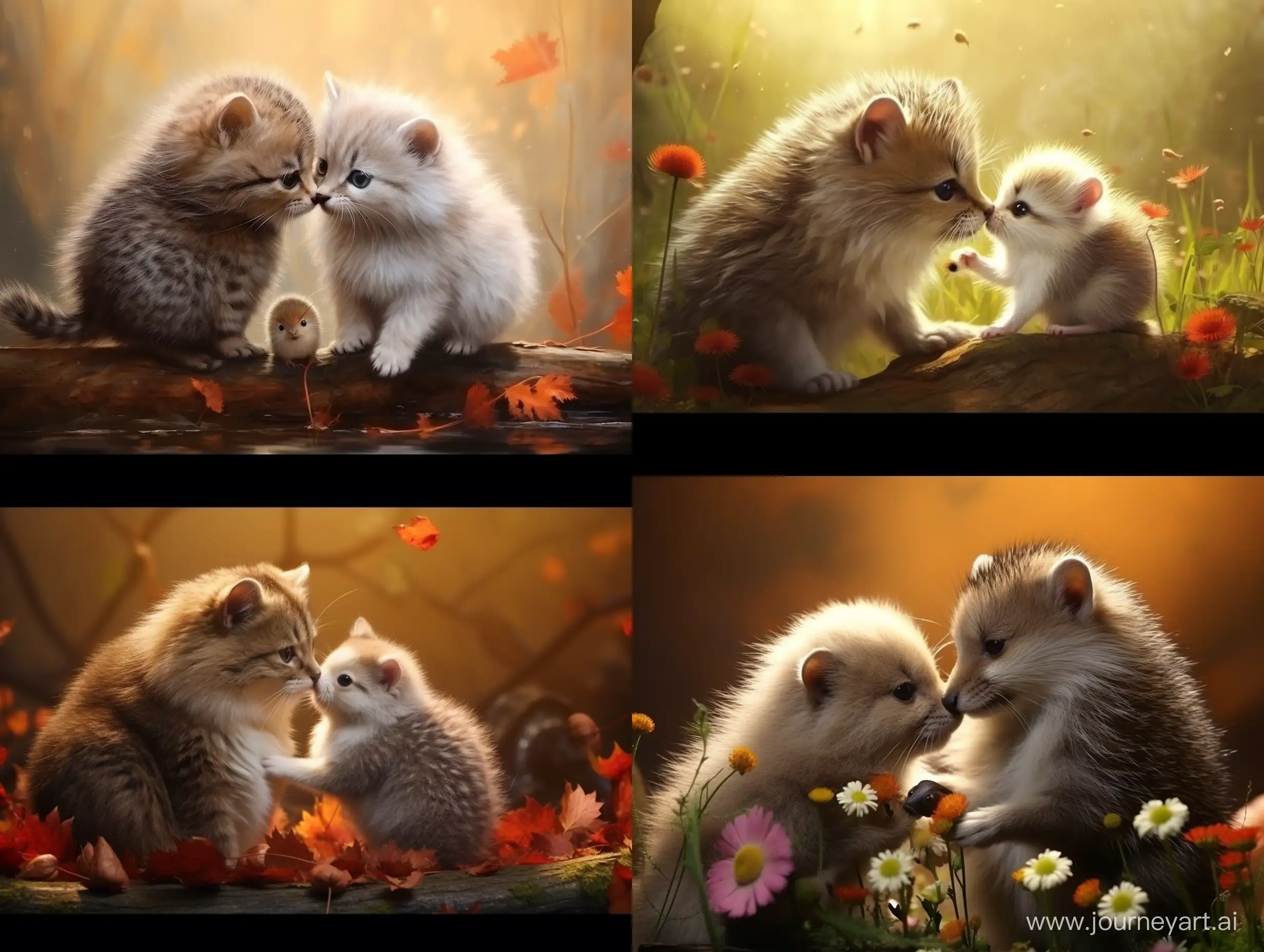 cat and hedgehog play, hug and kissing each other