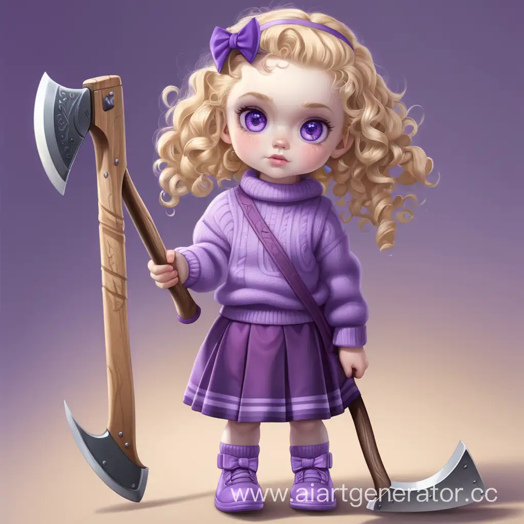 Маленькая девочка, в фиолетовом свитере, фиолетовой юбке, с костылями, фиолетовые глаза, тусклая кожа, кудрявые волосы, золотой блонд, держит топор, фиолетовый бантик на голове