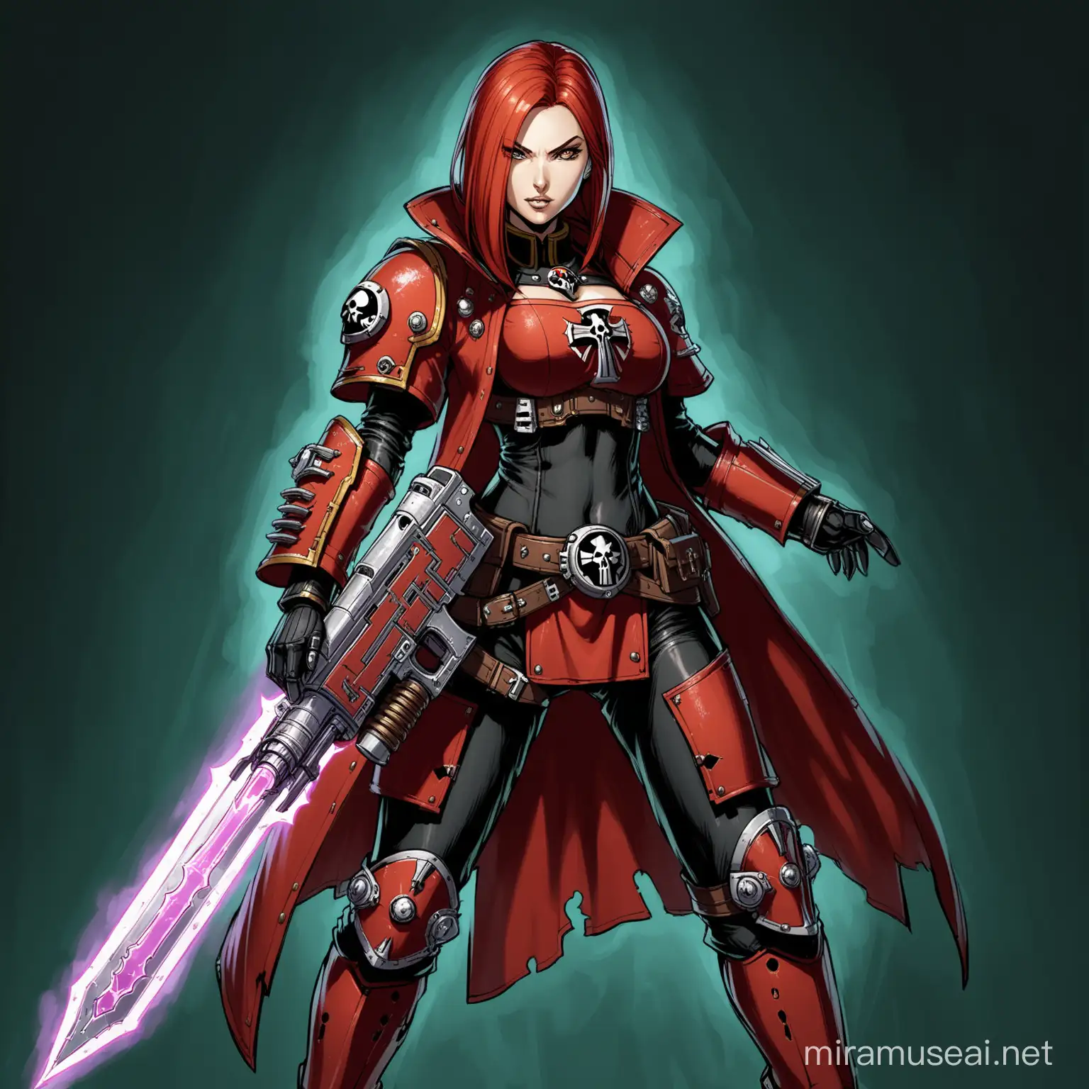 Female Inquisitor wielding Plasma Pistol and Energy Sword in Warhammer 40k Universe