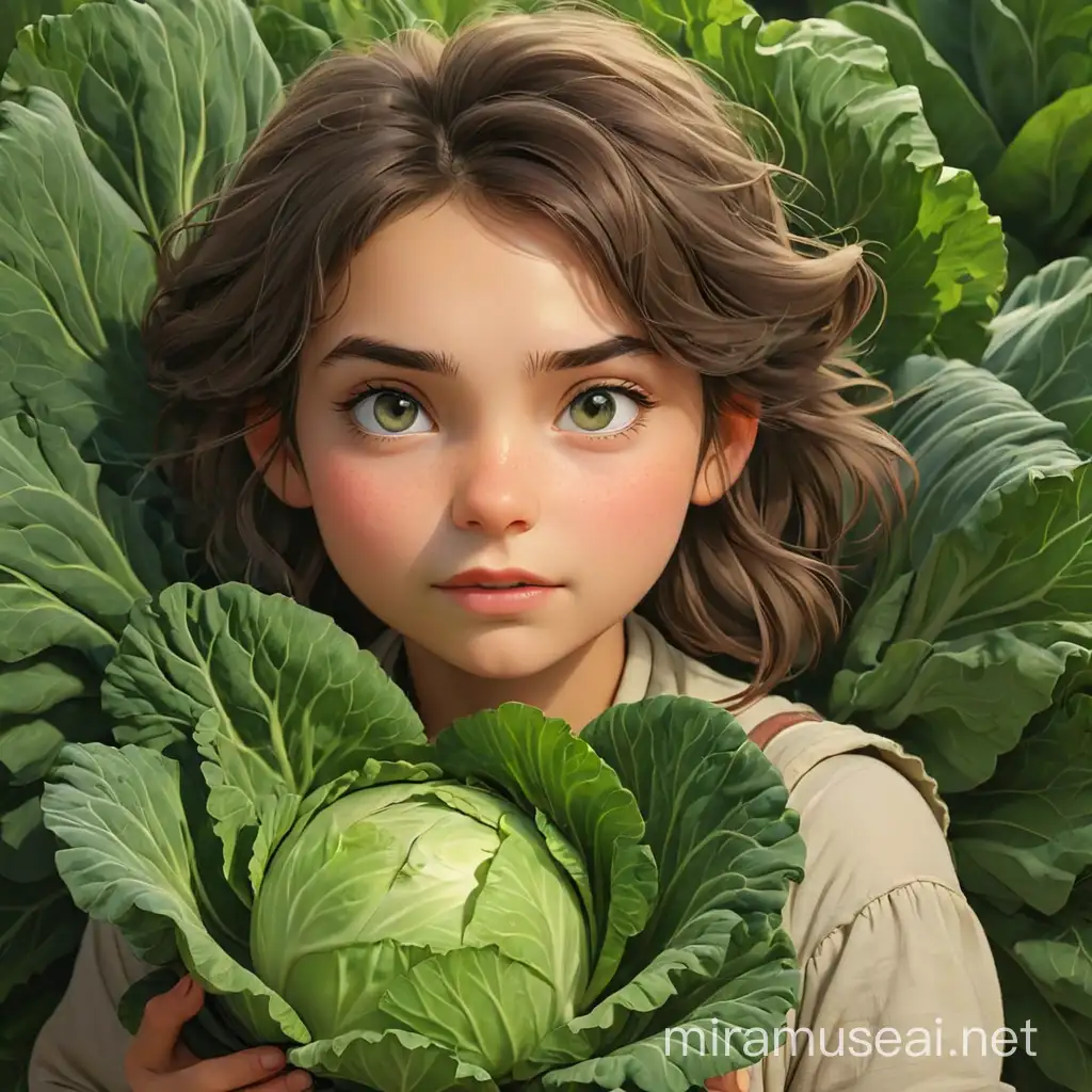 Young Girl Harvesting Cabbage in a Vibrant Garden