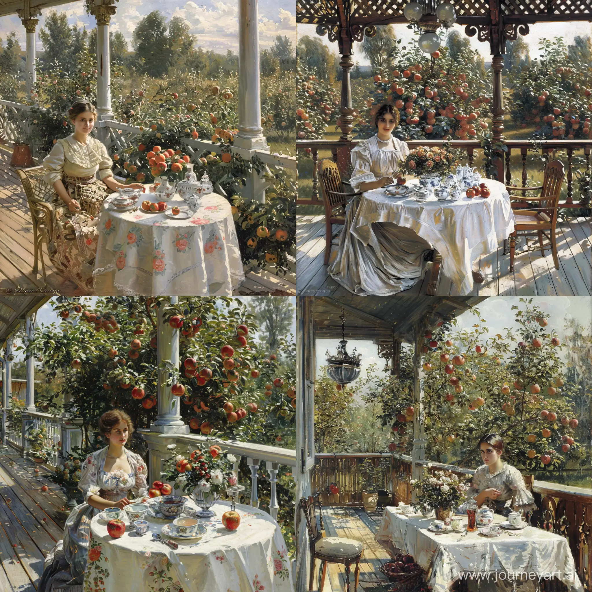 Impressionism. Scene of the XIX century in the Russian Empire. on the veranda of the estate at the table sits a woman in a simple dress., On the table white tablecloth, porcelain dishes, flowers. Around - an apple orchard.
