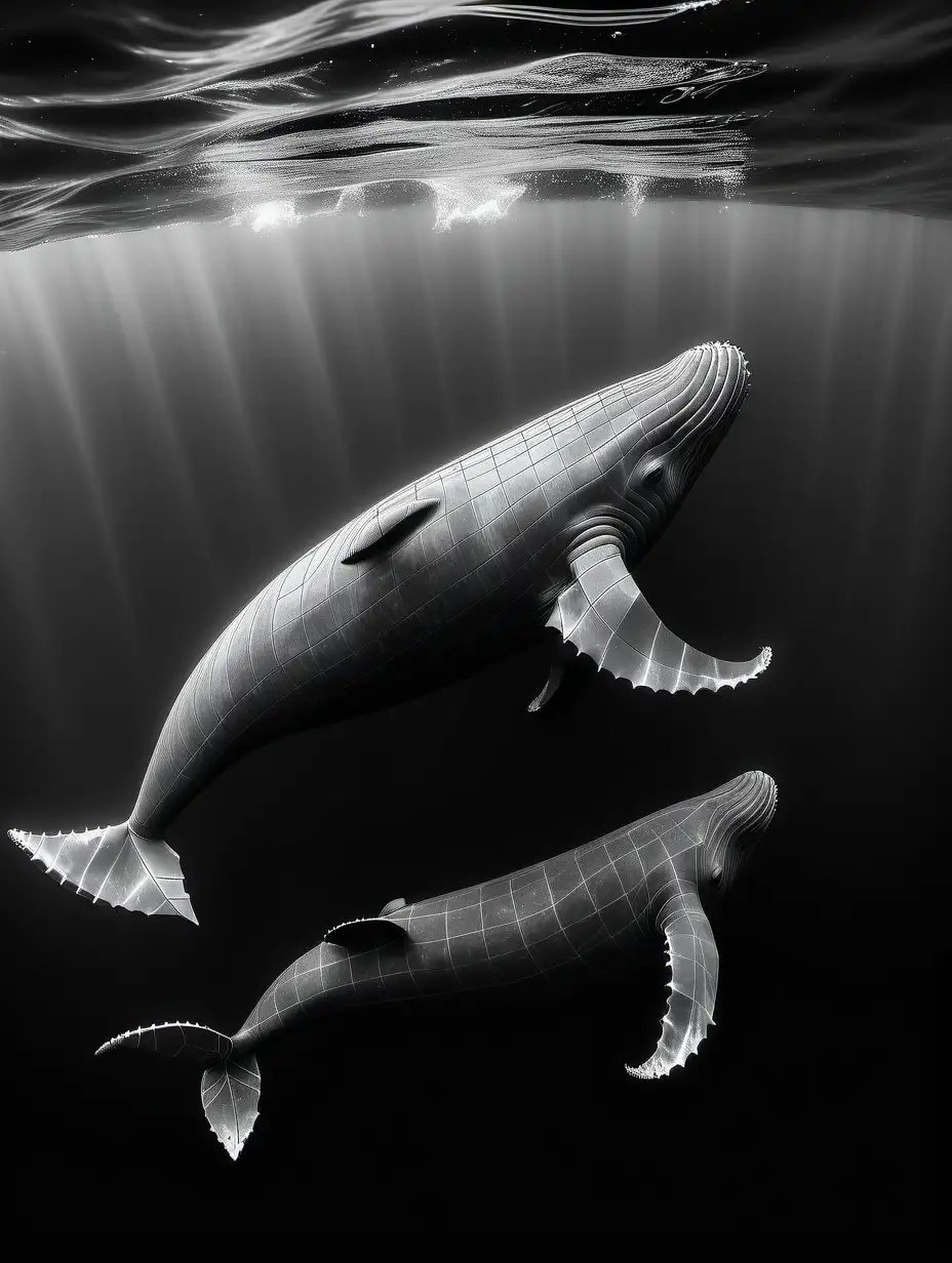 Geometric sperm whale in back & white swimming with her calf