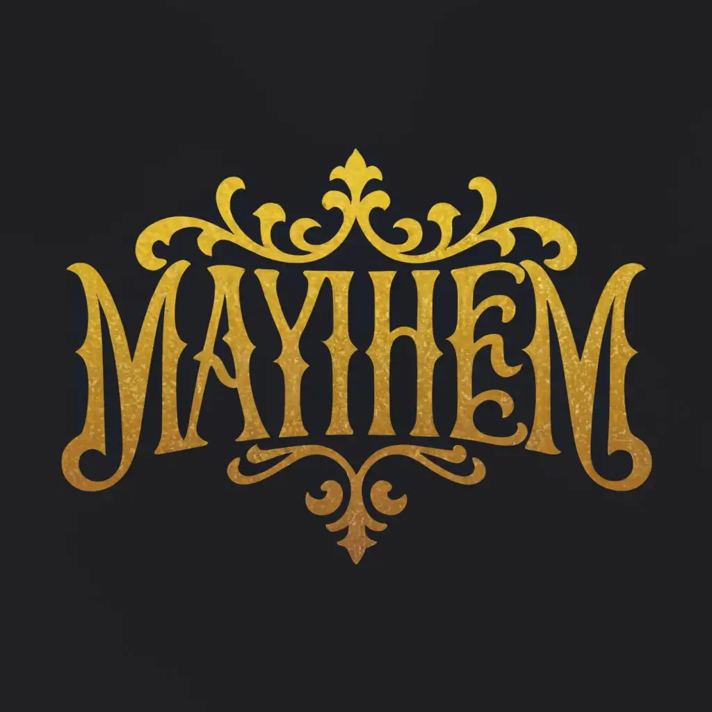 a logo design,with the text "Mayhem in gold fairytale style", main symbol:The word mayhem,Moderate,clear background