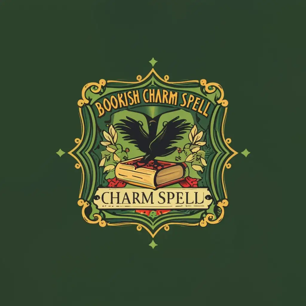 logo, Main symbol of your logo, a large, colorful, square-shaped logo with a book and a raven, from the Victorian era, with a green background, with the text "Bookish Charm Spell", typography, be used in Internet industry