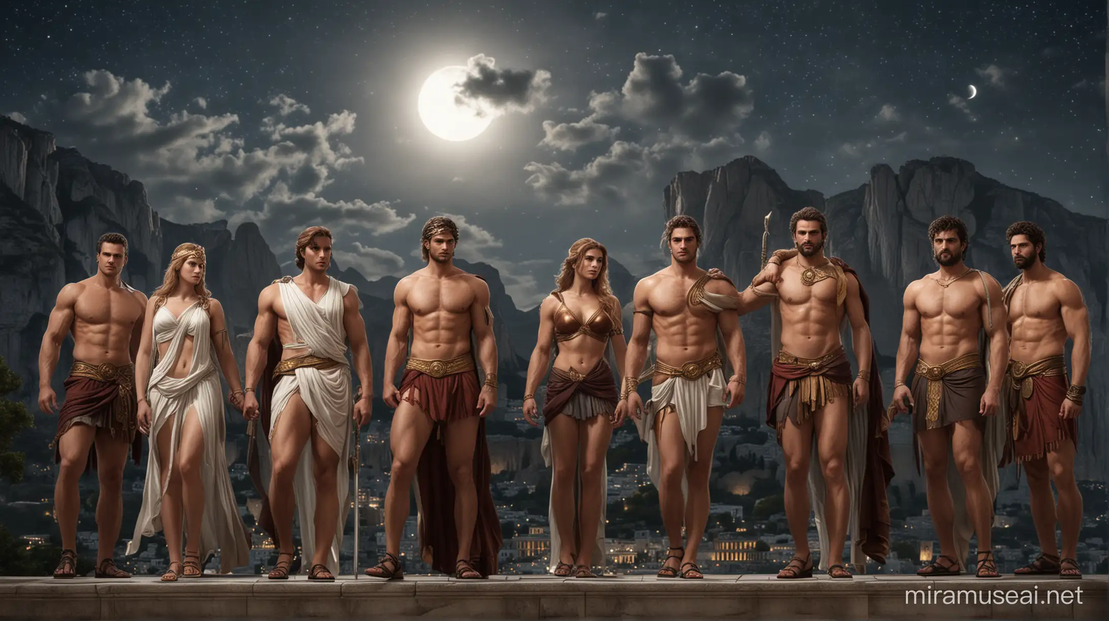 Generate picture of  greek gods , standing in a circuilar manner infront of palace situated on mount olympus , with moon lit sky and dark themed background. The 12 greek gods  and godess are Zeus[male] , Hera[female] , Poseidon[male] , Demeter[female], Athena[female] , Artemis[female], Apollo[male], Hephastus[male], Aphrodite[female],Ares[male],Hermes[male] and Dionysus[male]. keep different body picture of all characters.
