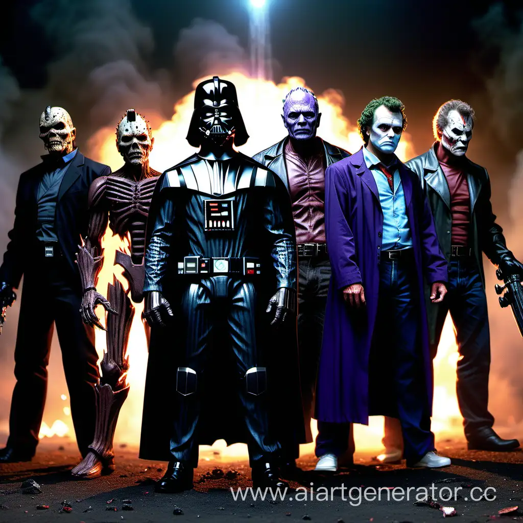 дарт вейдер стоит  с  Фредди Крюгером, терминатором Джейсоном с пятницы 13 и доктором Лектором и с Таносом и с Джокером в лице Хита леджера а также и с Немезидой
