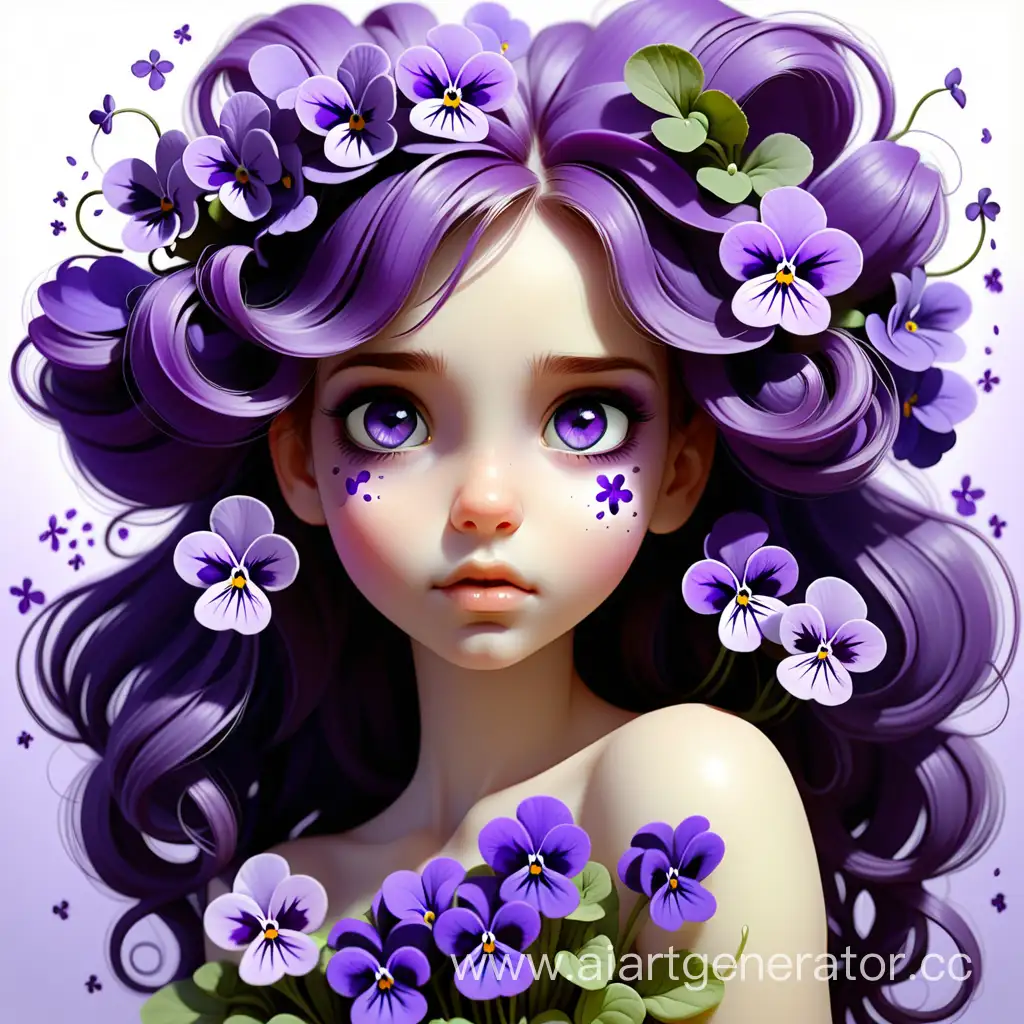 Girl with violets in her hair, eyes the color of violets, art