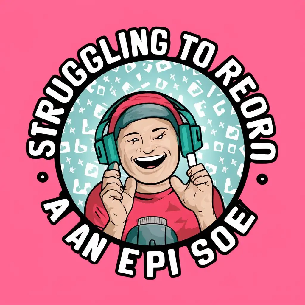 logo, podcast, cartoon, pink, with the text "Struggling to record an episode", typography, be used in Entertainment industry