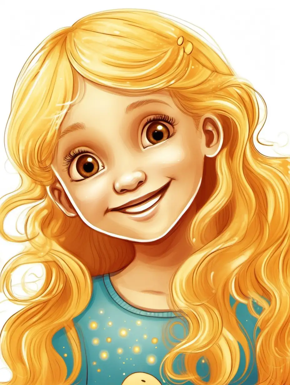 a girl with golden hair is smiling, for children, illustration, storybook, color