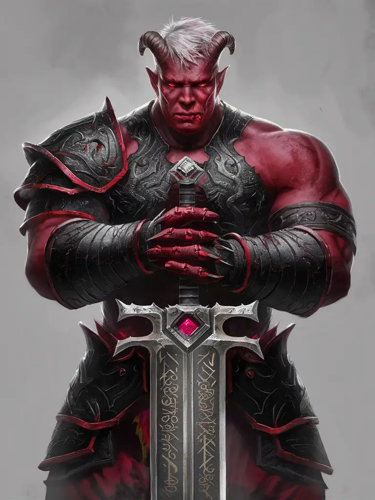 tall bulky hypermuscular 30s-40s male maroon-skinned devilfolk demon tiefling, dnd fantasy knight warrior infernal paladin, short horns, swept-back short white hair, glowing red scars on cheeks, black scarlet iron-wrought armor, enormous rune-engraved greatsword zweihänder with ruby on hilt, videogame character concept reference sheet