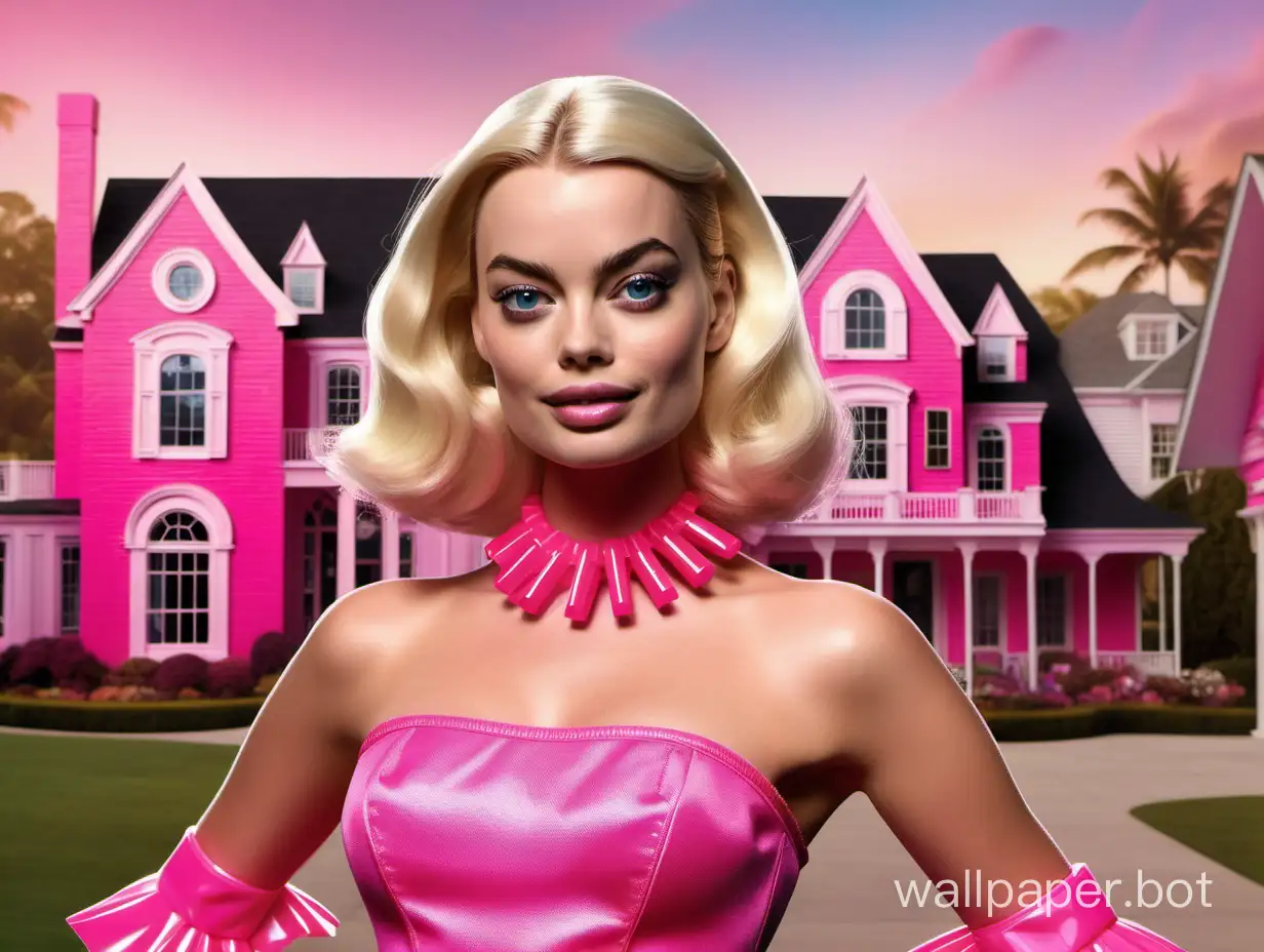 Margot Robbie dressed as Barbie. Her dream house is in the background. detailed features, sharp image.
