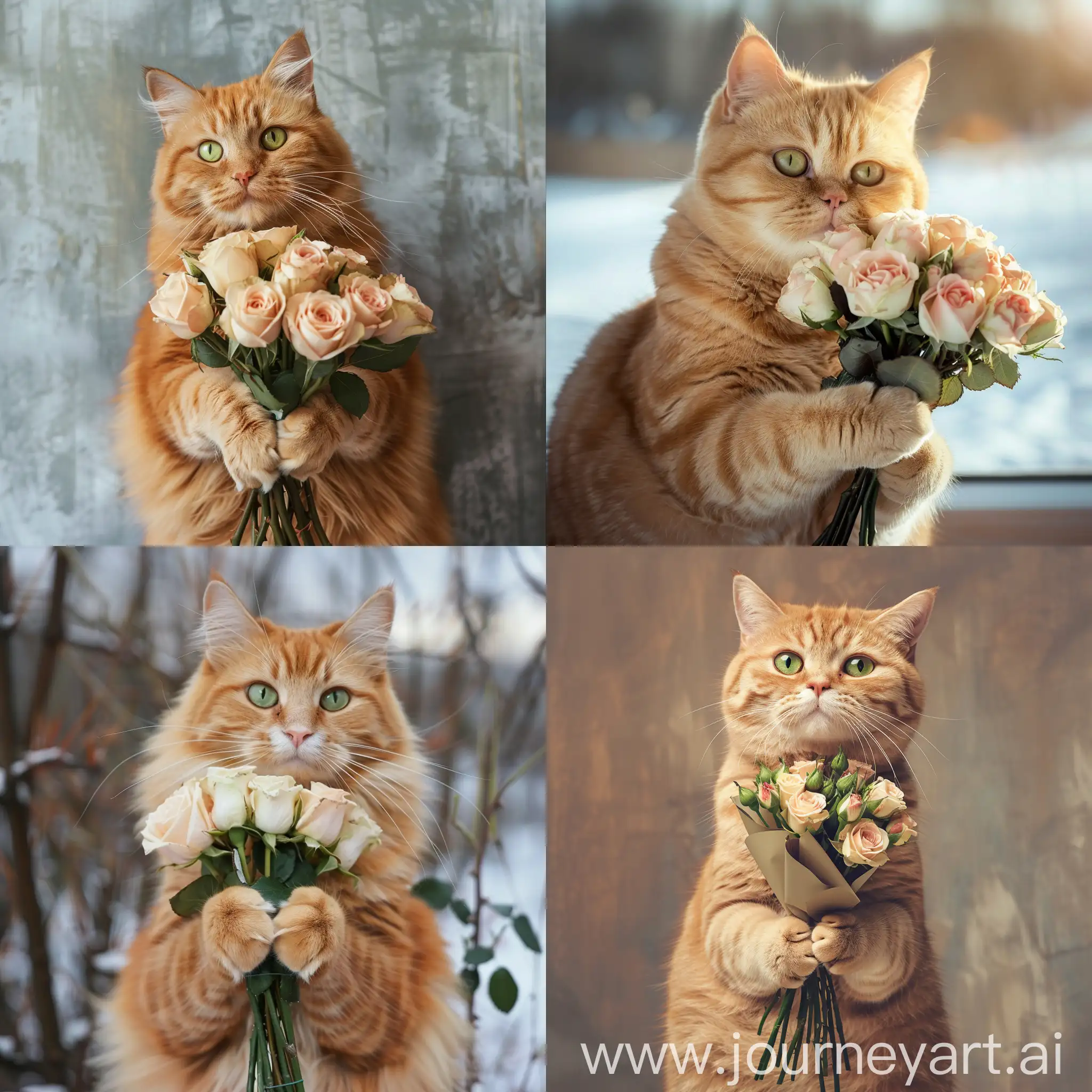 A red-haired, kind, cute, happy cat of the British breed with green eyes holds a bouquet of bush roses in its paws, and congratulates on the first day of spring