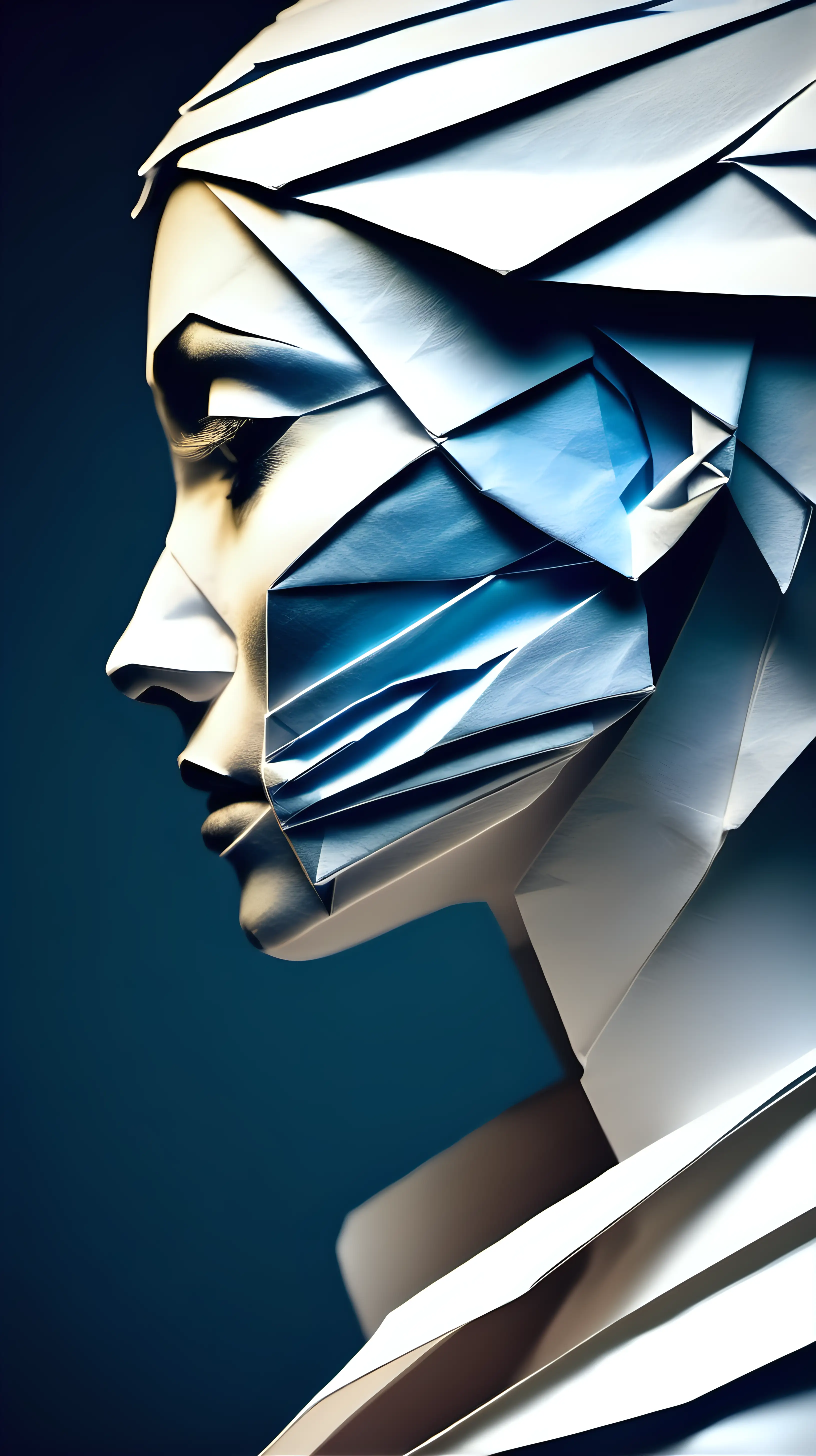 Elegant Womans Profile in Dramatic Origami Style with Blue Eyes