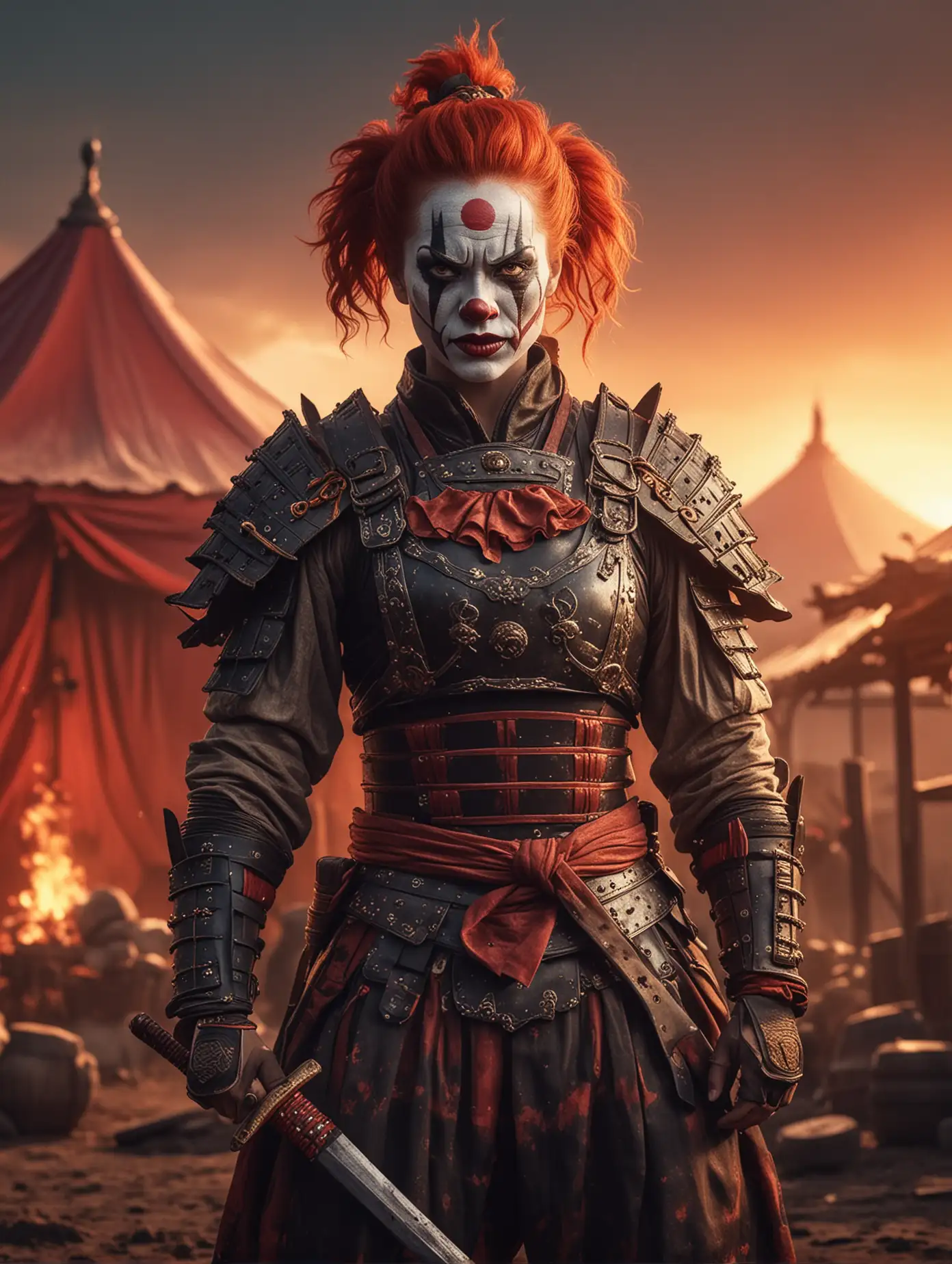 Sinister Female Clown Samurai Portrait with Burning Sky Background