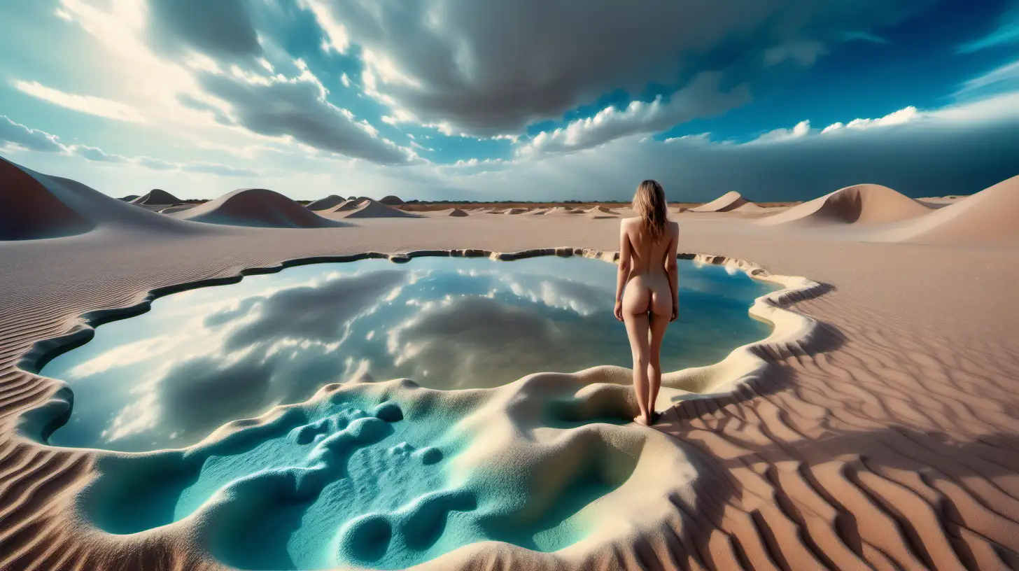 Psychedelic landscape, crystalline bluish mineral clouds, textured sand, with nude woman center, wavy desert dunes, mushrooms, small prismatic pond on the ground, taken with DSLR camera, serene, euphoric, realistic lighting, hyper real