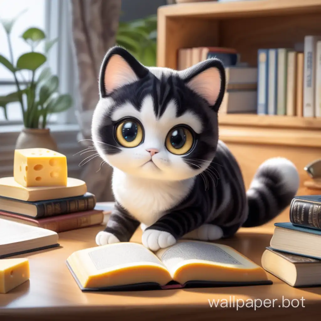Super cute short cheese cat, round body, beautiful black and white pattern, bright big eyes reading on the desk, lazy, cozy facial expression, delicate, delicate, incredibly high detail, bright colors, natural light, warm interior, rendering
