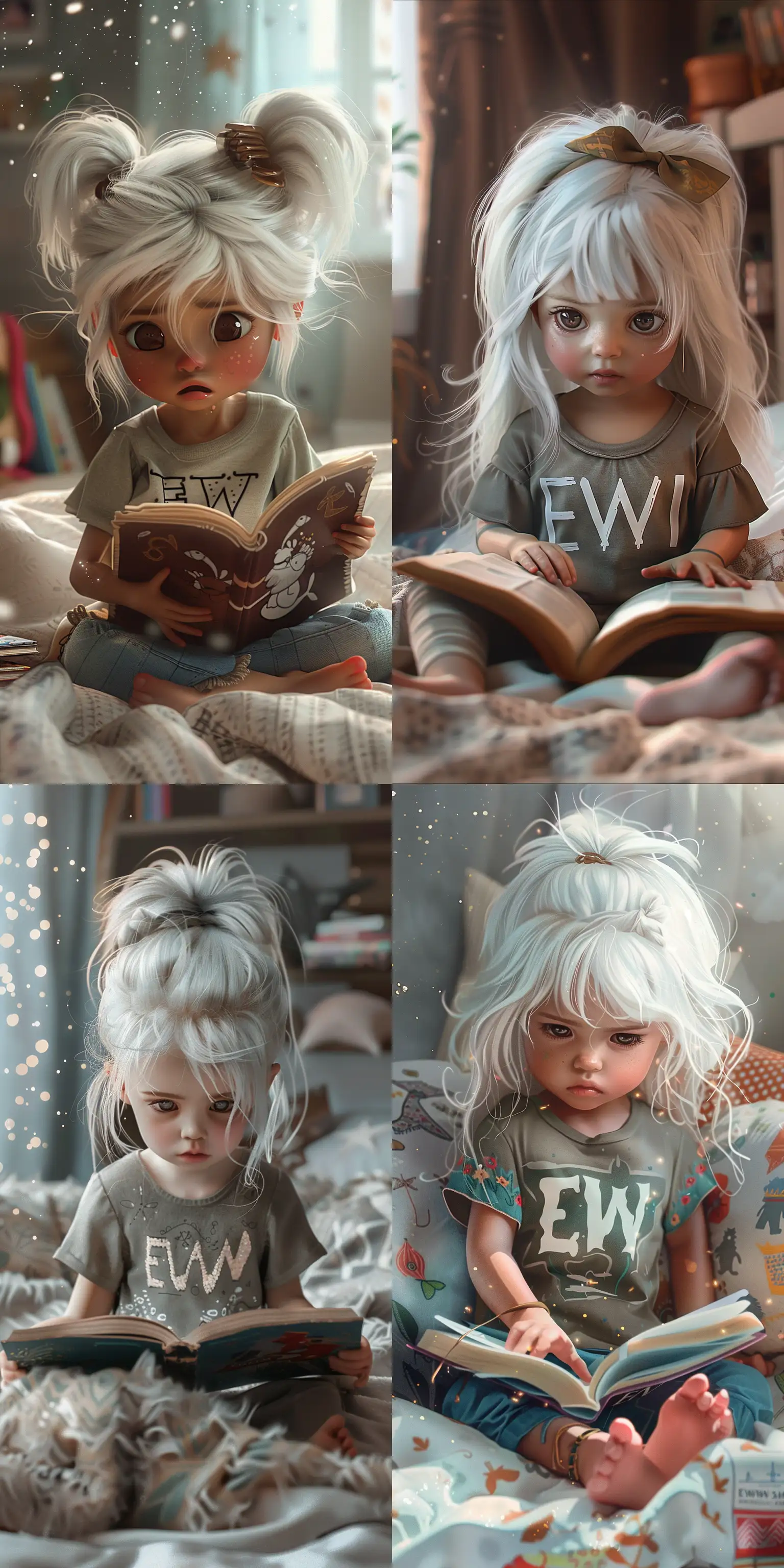 a cute little girl with white hair and a ash shirt with the insription "EWW" reading a book on a bed, in the style of Nathalie Shau, particles, ultra realistic, bohemian fashion, high detail, sharp focus, beautiful digital art, --ar 1:2