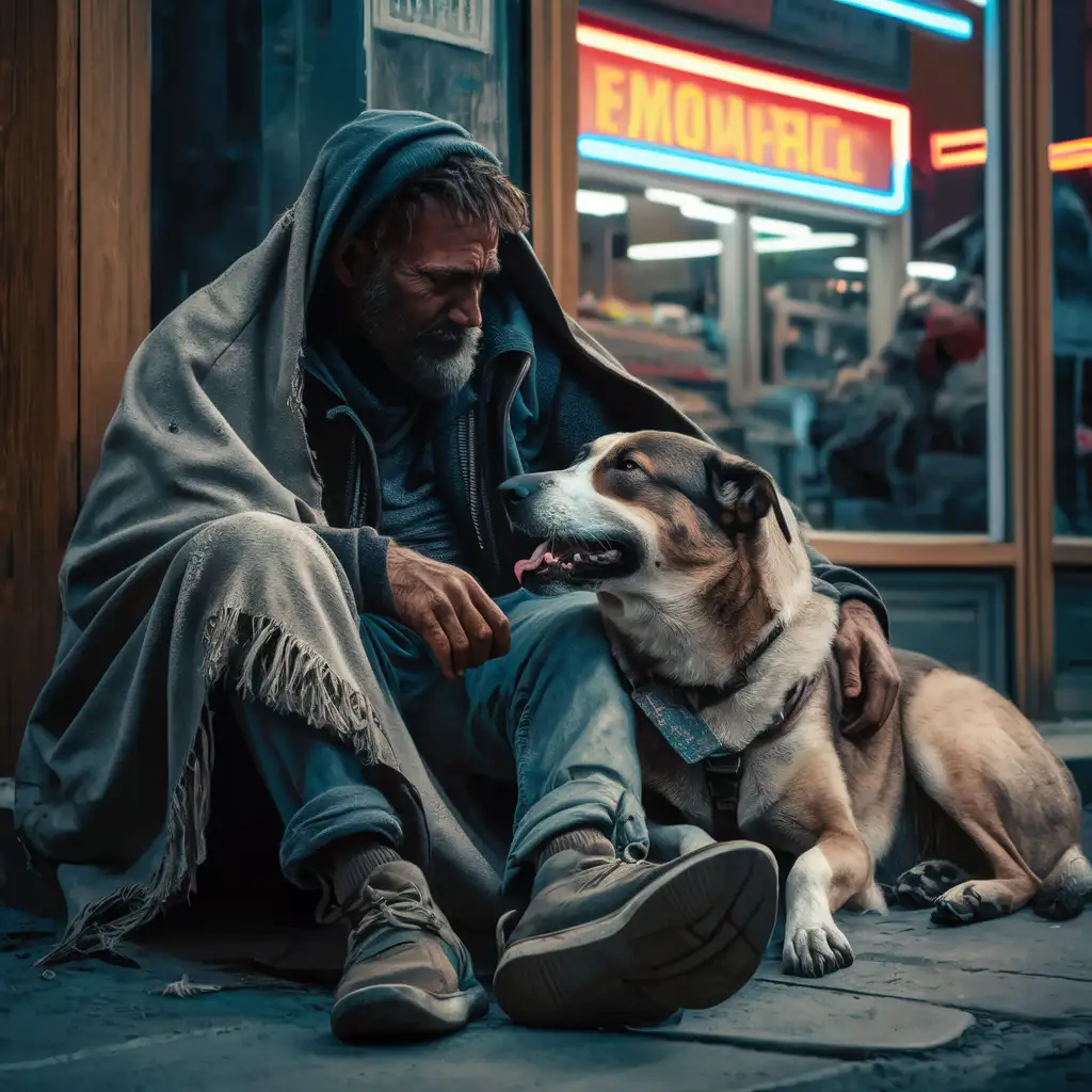 En tiggare och en hund sitter utanför en butik