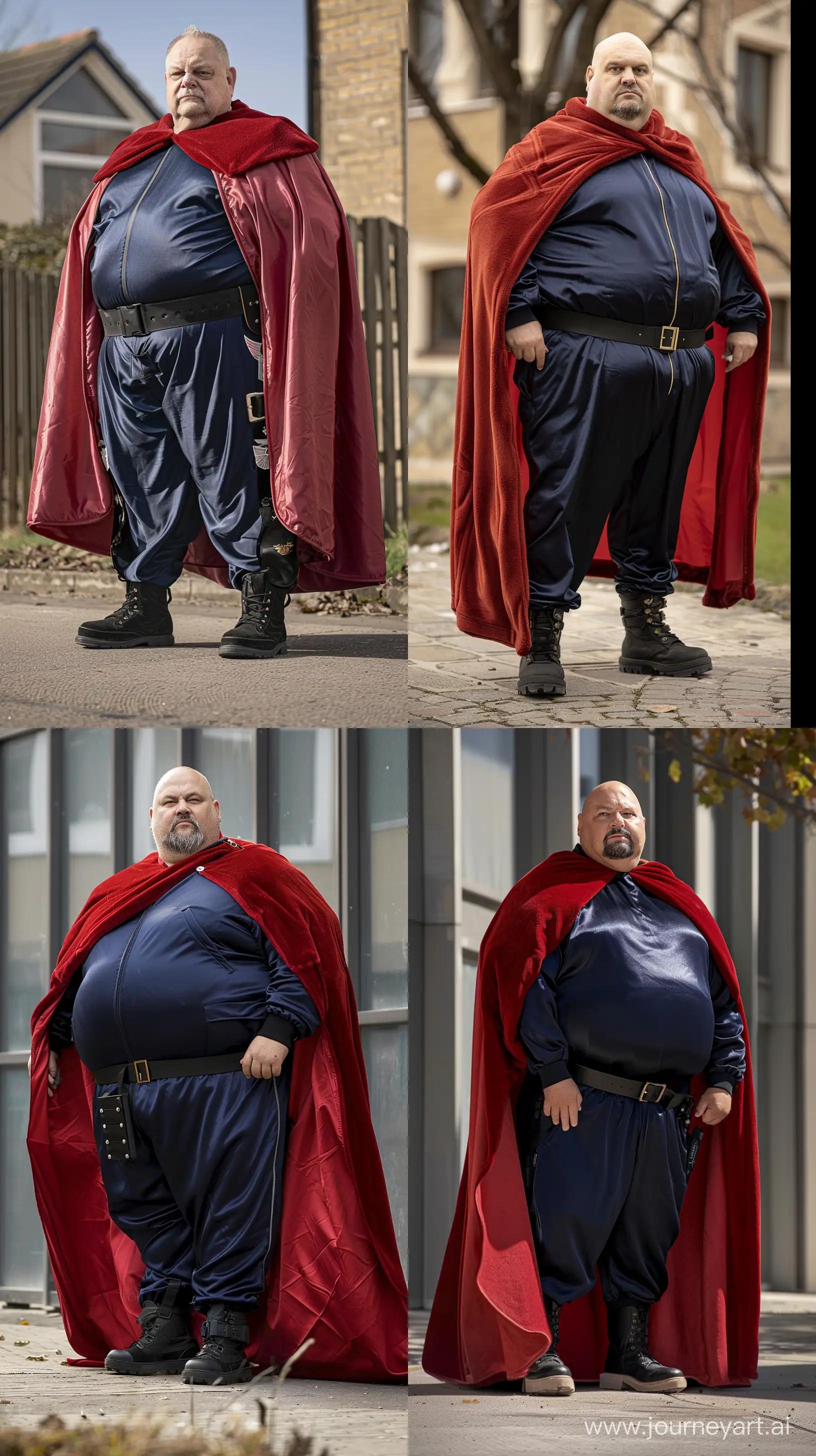Front view photo of a fat man aged 60 wearing silk navy royal tracksuit. Large red wool heavy cape. Black tactical boots and belt. Standing Outside. --style raw --ar 9:16