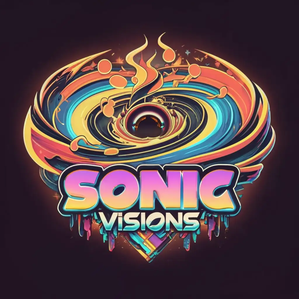 a logo design,with the text 'Sonic Visions', main symbol: fractured black hole hurricane diamond heart, psychedelic, sonic the hedgehog font, Moderate, to be used in Entertainment industry, transparent background