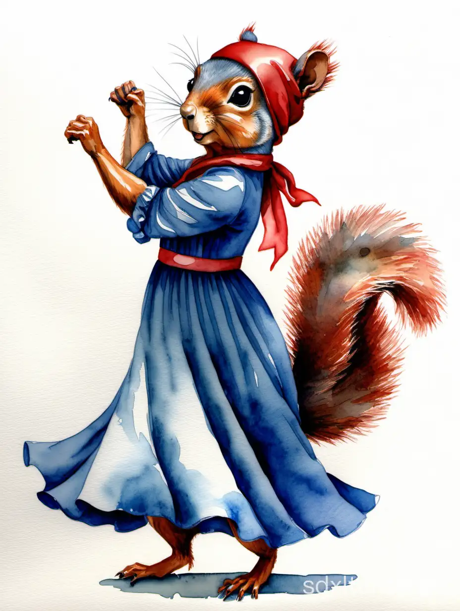 squirrel with red headscarf and blue dress in the pose of 'we can do it' in the style of J. Howard Miller, highly detailed watercolor painting