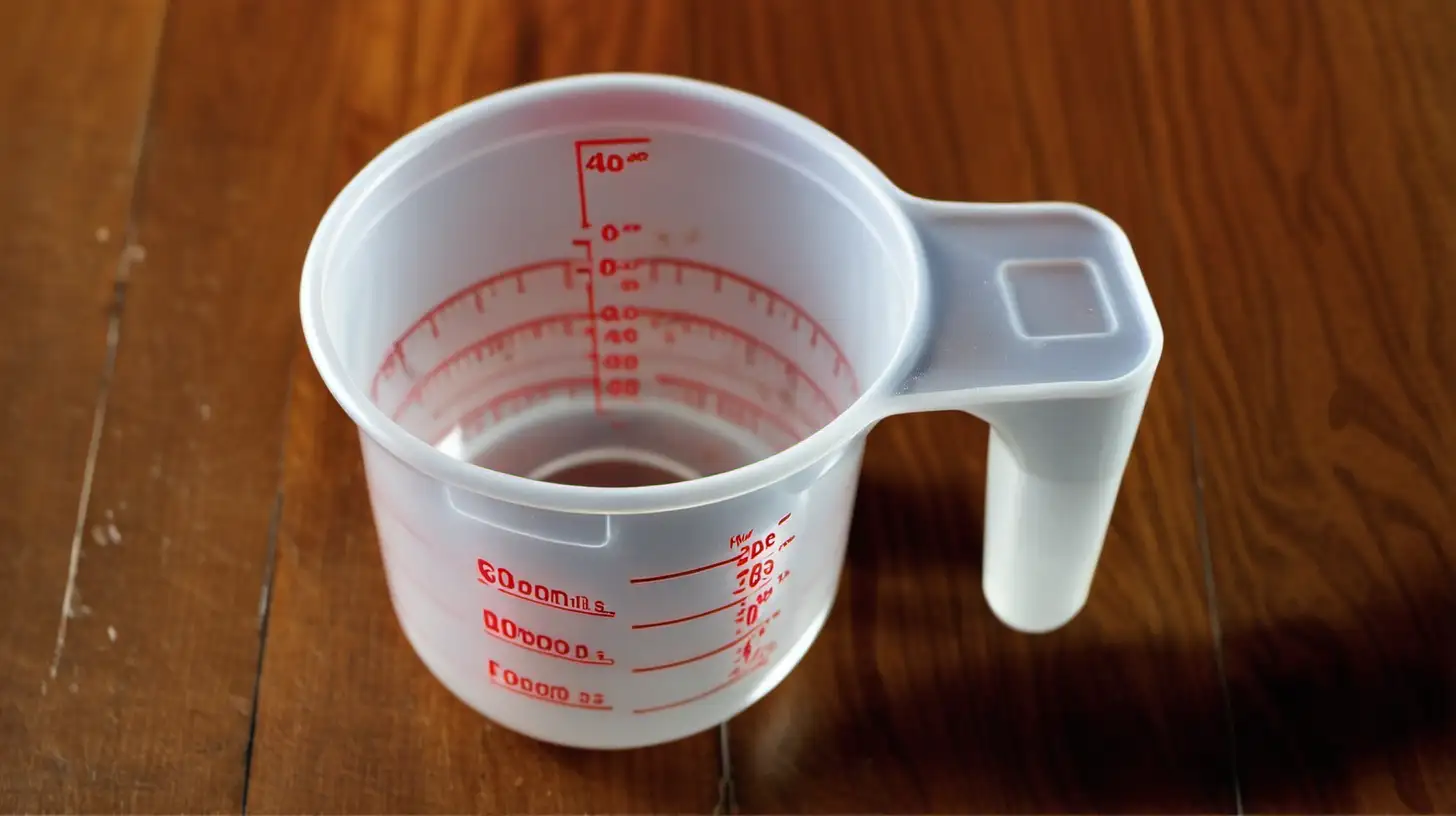 CloseUp View of Measuring Cup on Wooden Floor