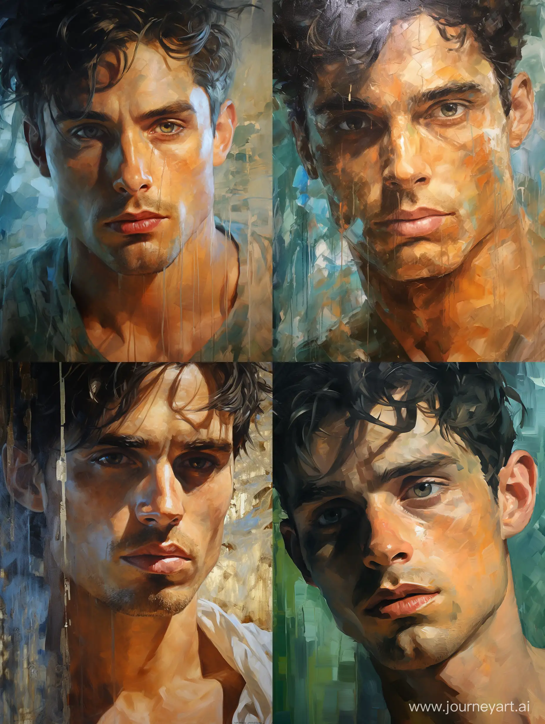 A painting portrait of these immense details; Impressionism, impasto, watercolor oil painting Mid Journey stable diffusion :: close up painting of a supernatural god as a young man. Golden tanned skin, short jet black hair, ocean green eyes, very lean and muscular, diamond shaped face, full lips, extremely handsome. : wet detailed, ((absolute details)), artistic photography, photorealistic concept art, soft natural volumetric cinematic perfect light, Color Palette - The 60-30-10 Rule,, award - winning photograph, masterpiece, sharp focus, intricate detail, highly detailed, sharp focus, intricate details, highly detailed by John J.
Muth, WLO, George Pratt and alphonse mucha, fantasy, intricate artwork masterpiece,