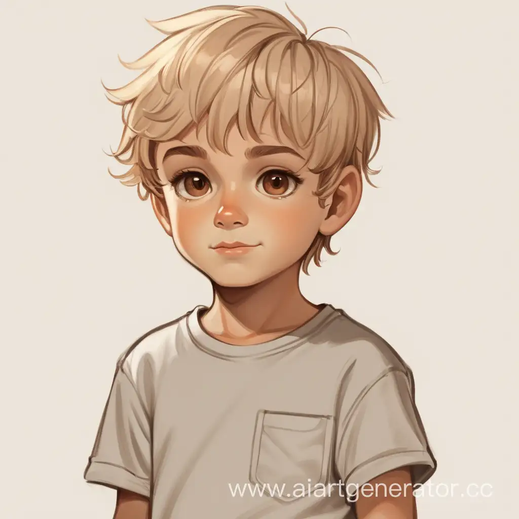 Маленький мальчик с светлыми волосами и карим глазами в футболочке и шортах.